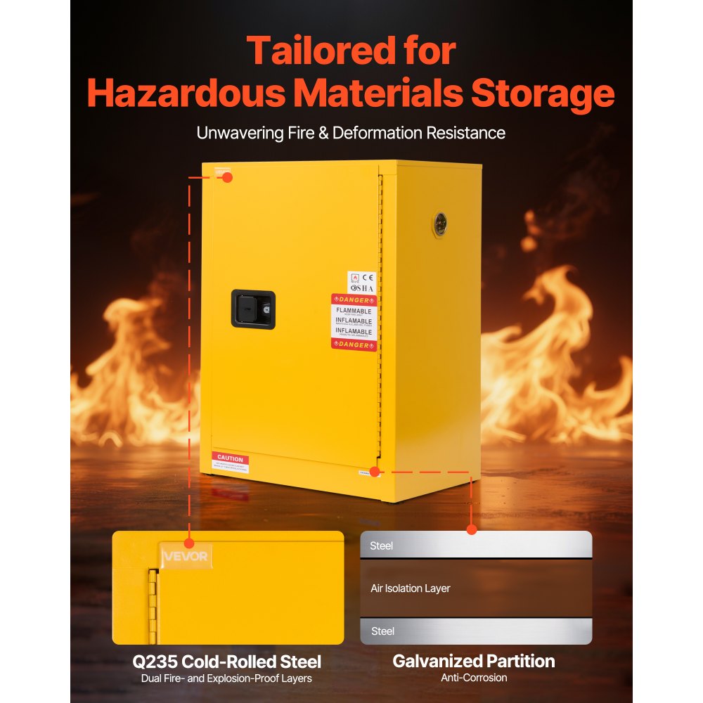 VEVOR Flammable Cabinet, 59 x 46 x 90 cm, 13 Gallon Flammable Storage Cabinet with Adjustable Shelf, Cold-Rolled and Galvanized Steel Fire Cabinets, for Commercial Industrial and Home Use, Yellow