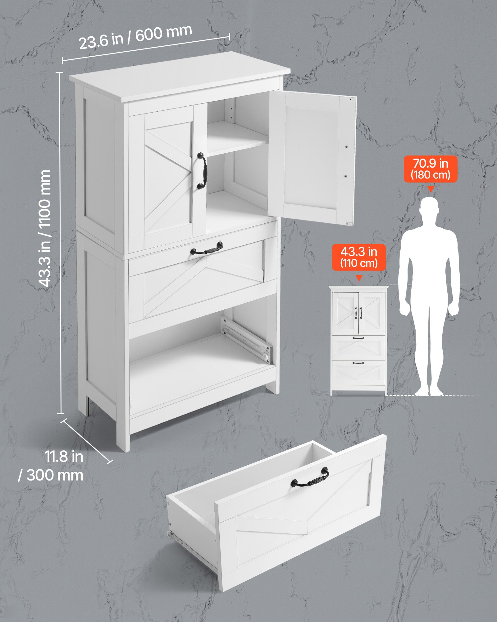 VEVOR Armario de Baño de 4 Niveles de Almacenamiento de Madera, con 2 Puertas, 2 Cajones y Estante Ajustable, Moderno e Independiente, para Cocina, Salón o Entrada, Blanco, 300 x 600 x 1100 mm