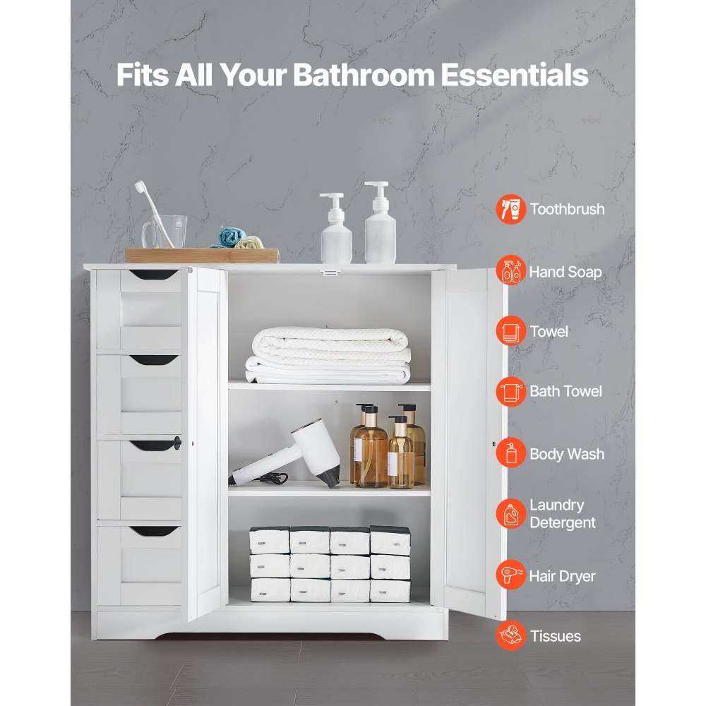 VEVOR Bathroom Floor Cabinet, 3-Tier, Wooden Storage Organizer with 2 Doors, 4 Drawers and Adjustable Shelf, Modern Home Furniture Freestanding Cupboard for Kitchen/Living Room/Entryway Use, White