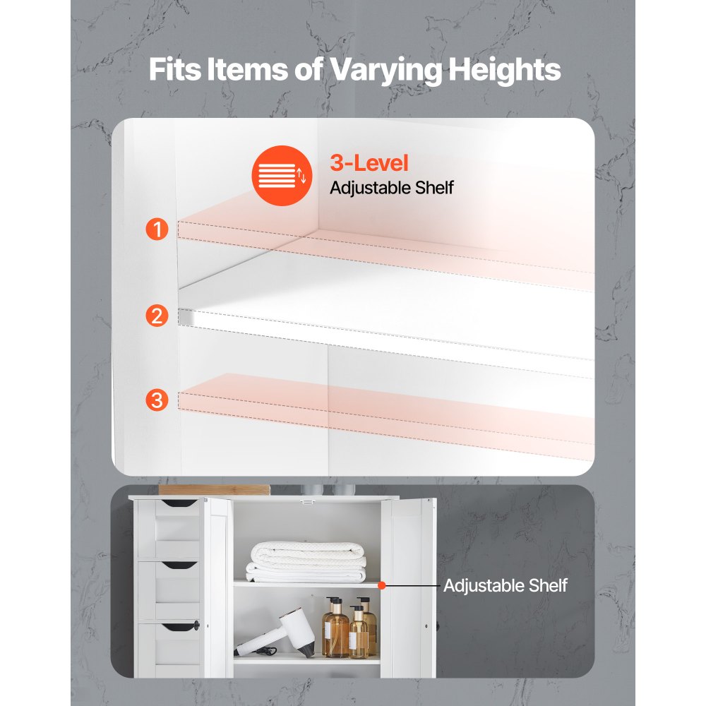 VEVOR Bathroom Floor Cabinet, 3-Tier, Wooden Storage Organizer with 2 Doors, 4 Drawers and Adjustable Shelf, Modern Home Furniture Freestanding Cupboard for Kitchen/Living Room/Entryway Use, White