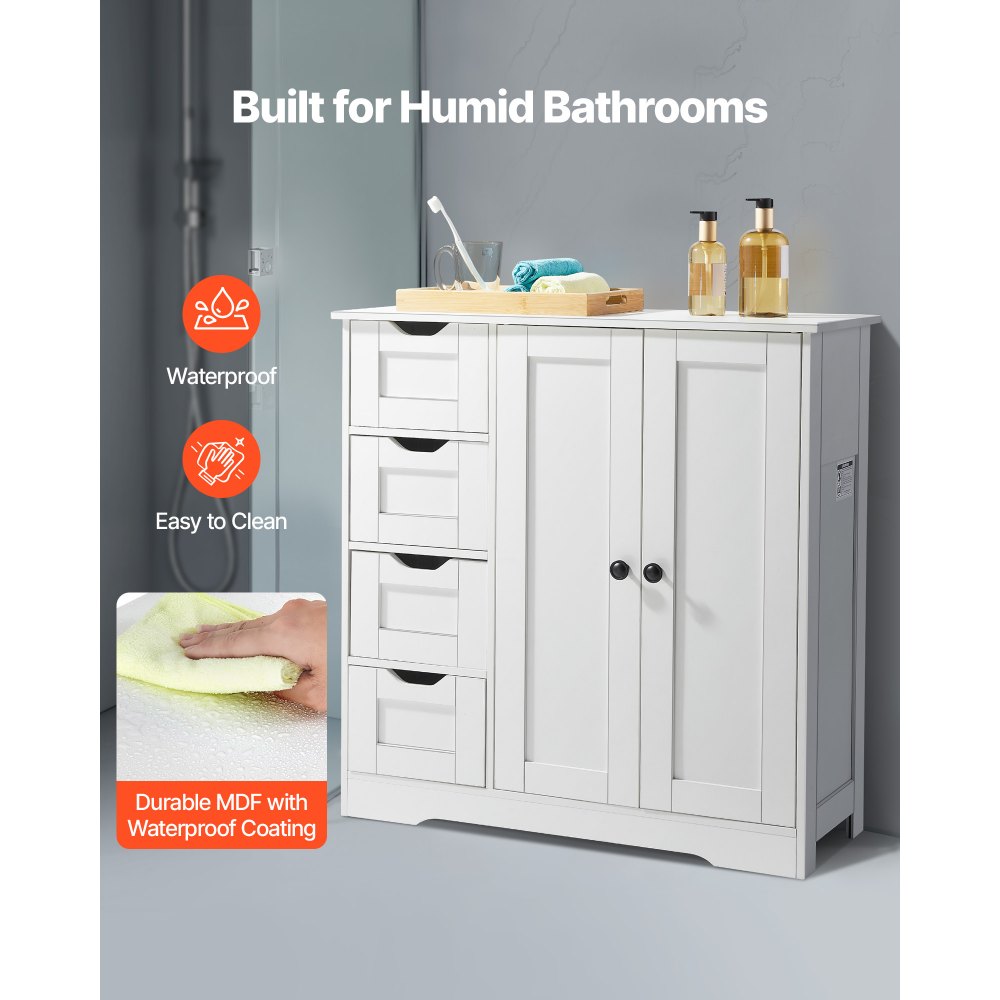 VEVOR Bathroom Floor Cabinet, 3-Tier, Wooden Storage Organizer with 2 Doors, 4 Drawers and Adjustable Shelf, Modern Home Furniture Freestanding Cupboard for Kitchen/Living Room/Entryway Use, White