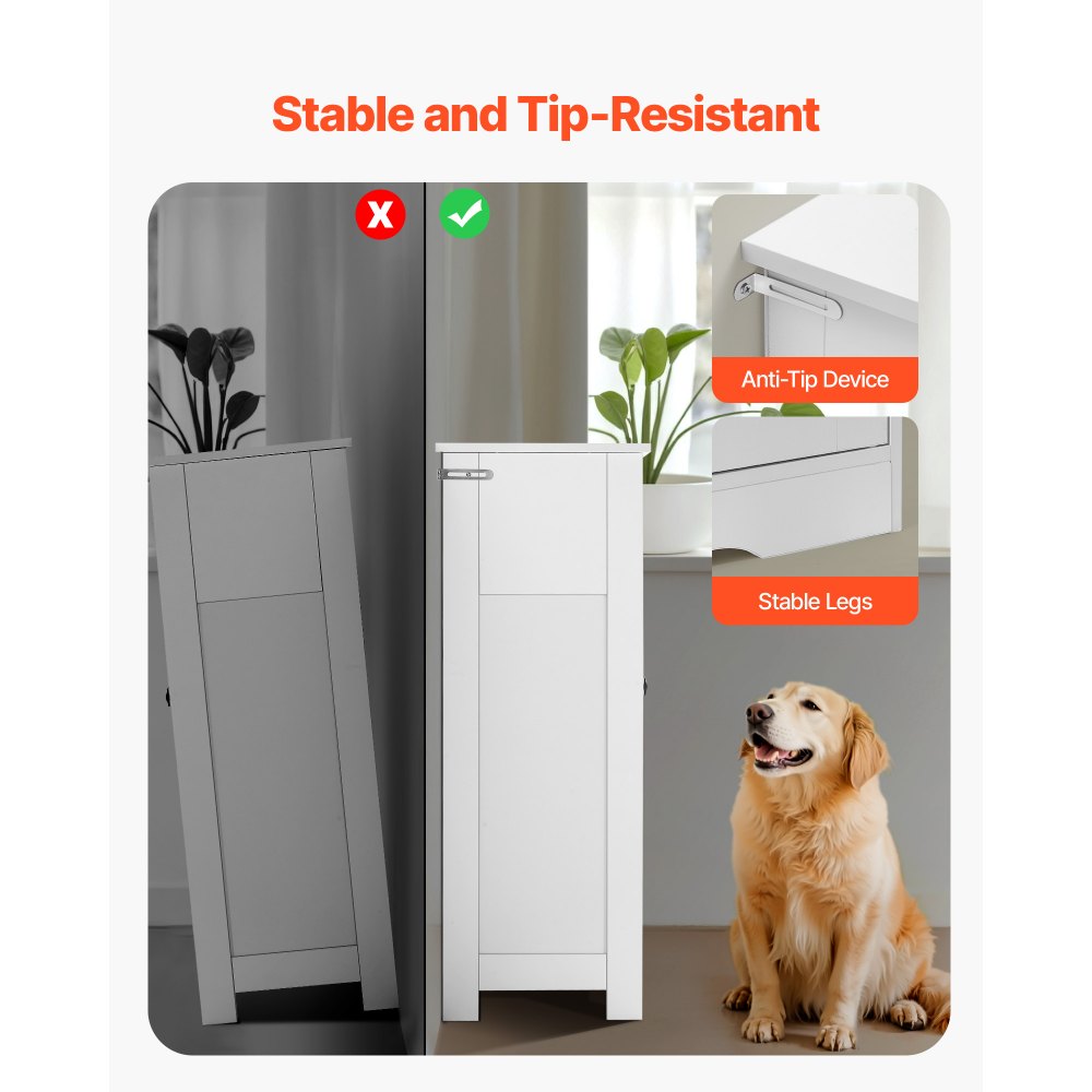 VEVOR Bathroom Floor Cabinet, 3-Tier, Wooden Storage Organizer with 2 Doors, 4 Drawers and Adjustable Shelf, Modern Home Furniture Freestanding Cupboard for Kitchen/Living Room/Entryway Use, White