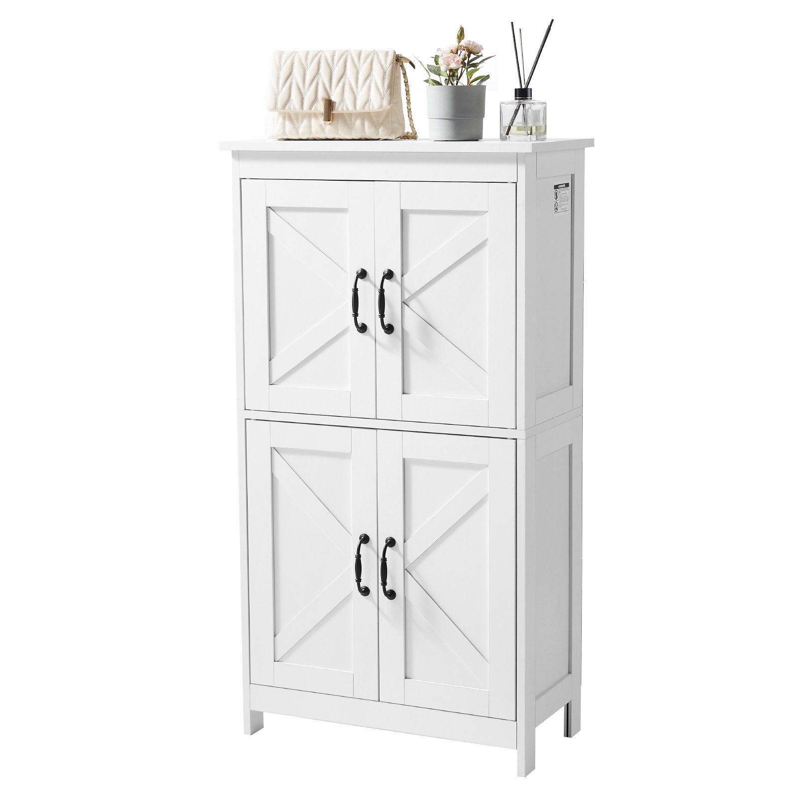 VEVOR Bathroom Floor Cabinet, 4-Tier, Wooden Storage Organizer with 4 Doors and Adjustable Shelf, Modern Bathroom Furniture Home Decor Freestanding Cupboard for Kitchen/Living Room/Entryway Use, White