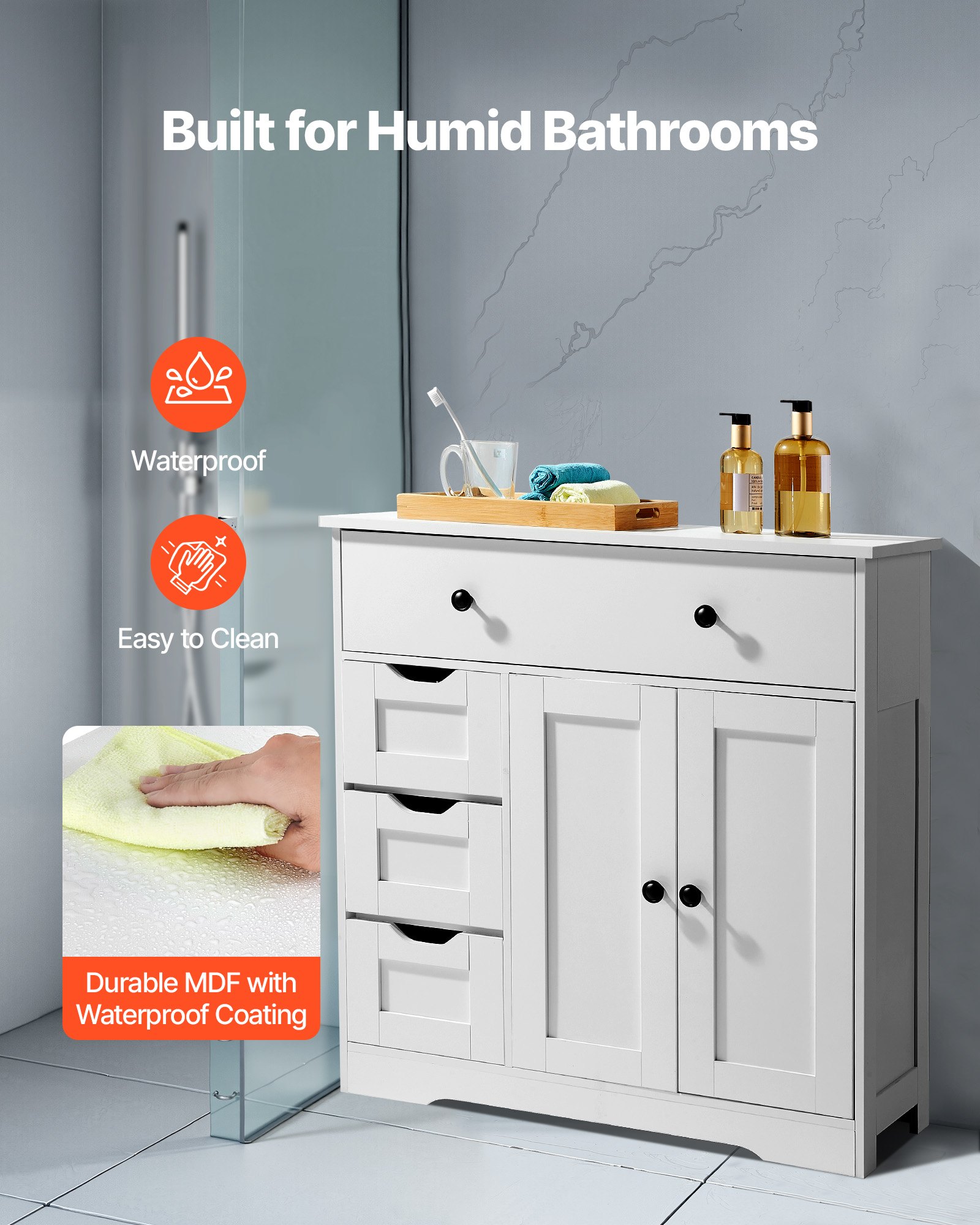 VEVOR Bathroom Floor Cabinet, 4-Tier, Wooden Storage Organizer with 2 Doors, 4 Drawers and Adjustable Shelf, Modern Home Furniture Freestanding Cupboard for Kitchen/Living Room/Entryway Use, White