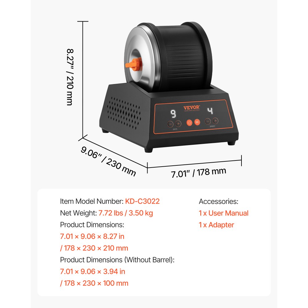 VEVOR Pulidora Eléctrica para Piedra, Carga de 1,81 kg, 4 Niveles de Velocidad, Temporizador de Pulido de 9 Días, Panel de Control Intuitivo, Protección contra Sobrecarga y Adaptador, Color Negro