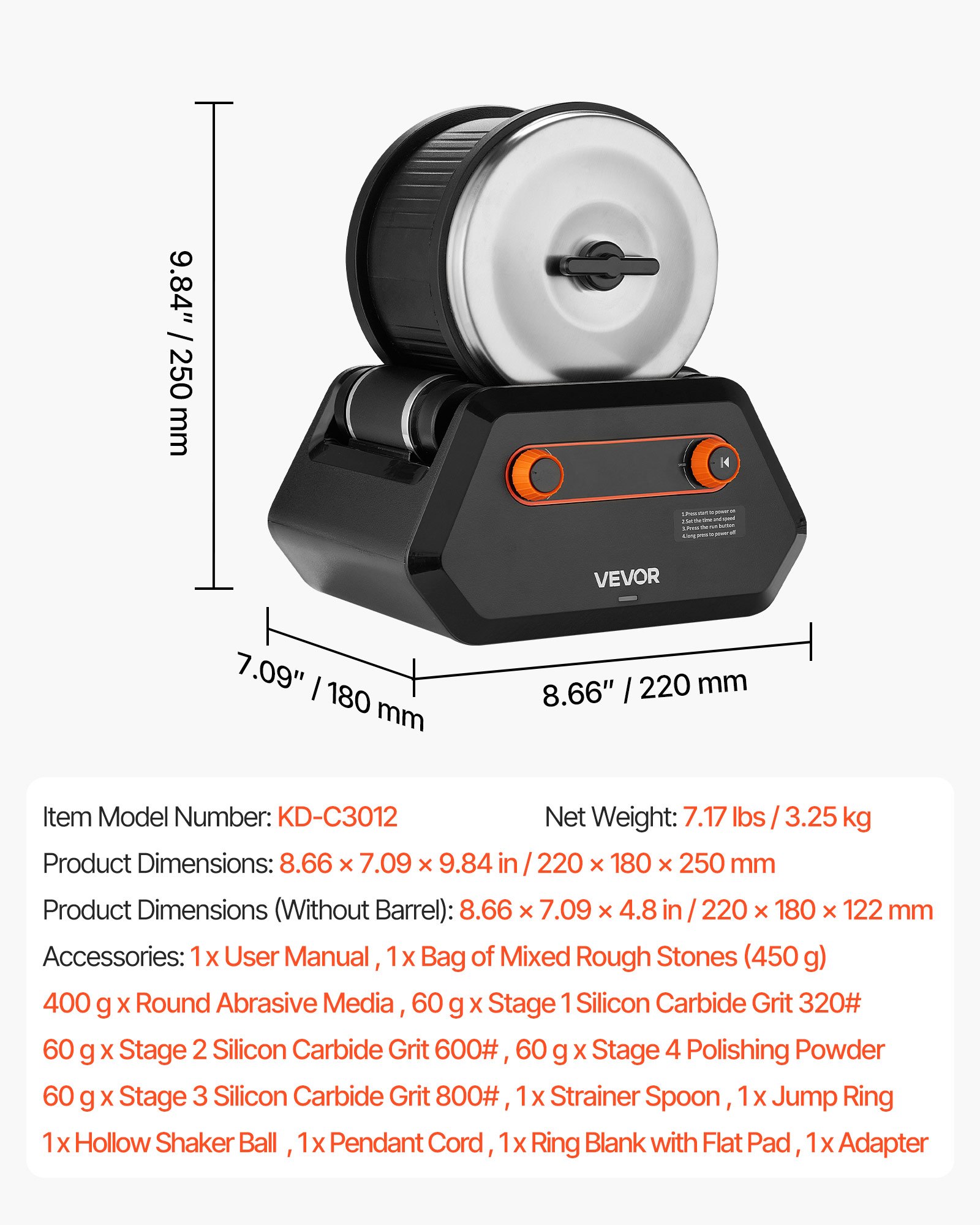 VEVOR Pulidora Eléctrica para Piedras, Carga de 1,36 kg, 4 Niveles, con Piedras Preciosas en Bruto y Granos de Pulido, Temporizador de Pulido de 9 Días y Panel de Control Intuitivo, Color Negro