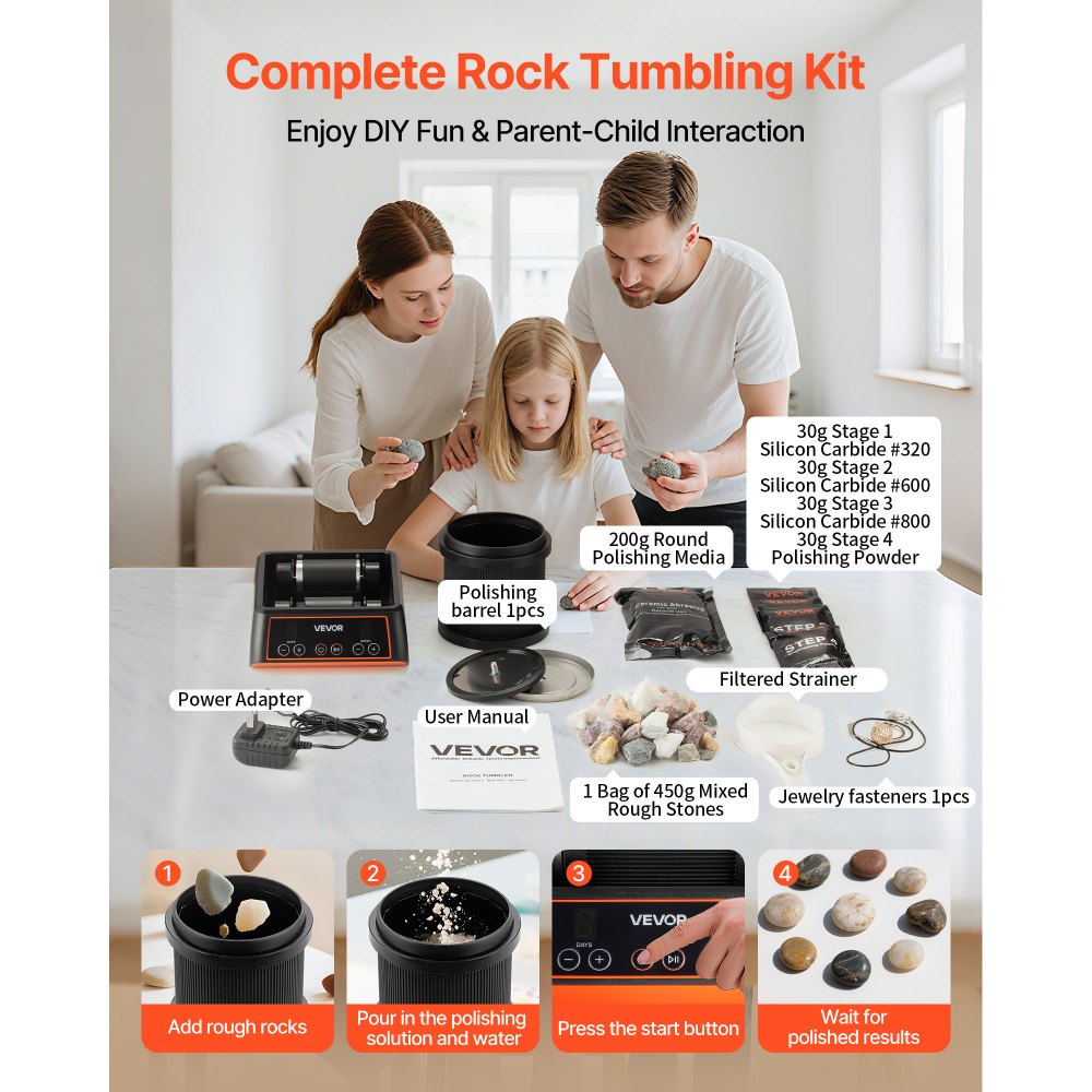 VEVOR Rock Tumbler Kit, 2 lbs Rock Polishing Kit, 4 Speed Settings 9-Day Polishing Timer Stone Polishing Kit, Rock Polisher with Rough Gemstones and Polishing Grits, Rock Polisher for Adults Kids