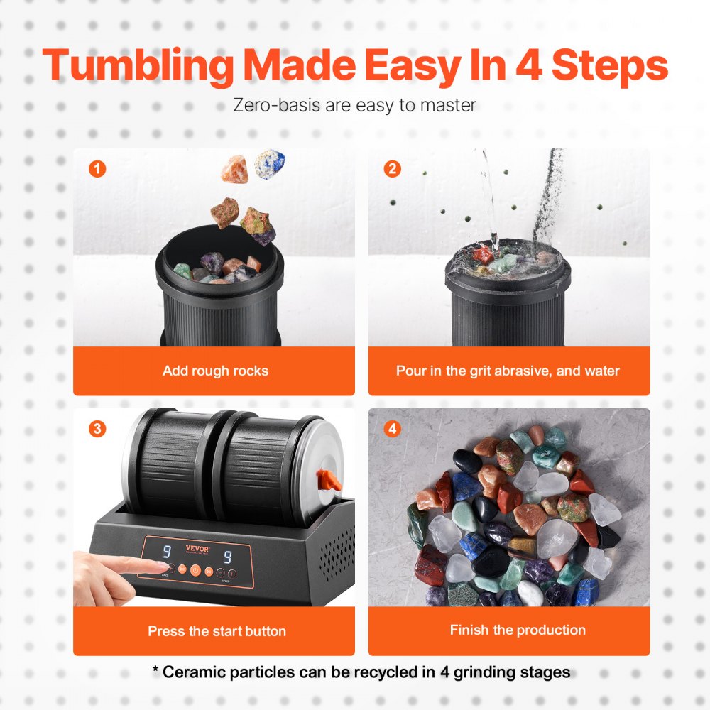 VEVOR Pulidora de Rocas 9 Velocidades Pulidora de Piedras de Doble Barril Cuerpo de Acero Temporizador de Pulido de 9 Días Motor de Transmisión Directa Pulidora Rotativa Silenciosa de 35 dB