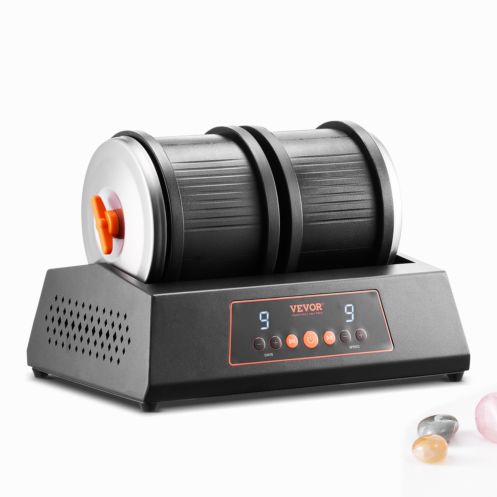 VEVOR Pulidora de Rocas 9 Velocidades Pulidora de Piedras de Doble Barril Cuerpo de Acero Temporizador de Pulido de 9 Días Motor de Transmisión Directa Pulidora Rotativa Silenciosa de 35 dB