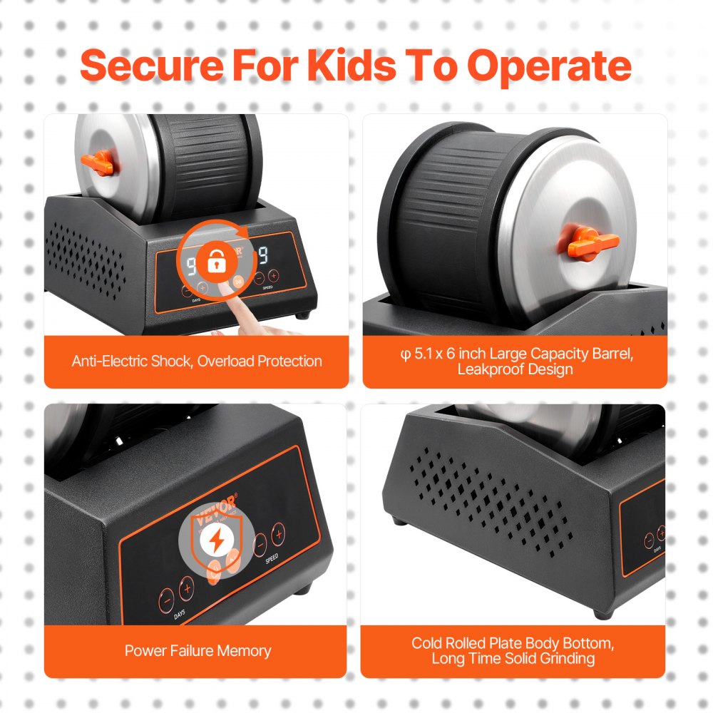 VEVOR Pulidora de Piedras 9 Velocidades Kit de Pulido de Piedras Temporizador de 9 Días Cuerpo de Acero Laminado en Frío Pulidora de Rocas con Motor de Accionamiento Directo para Principiantes