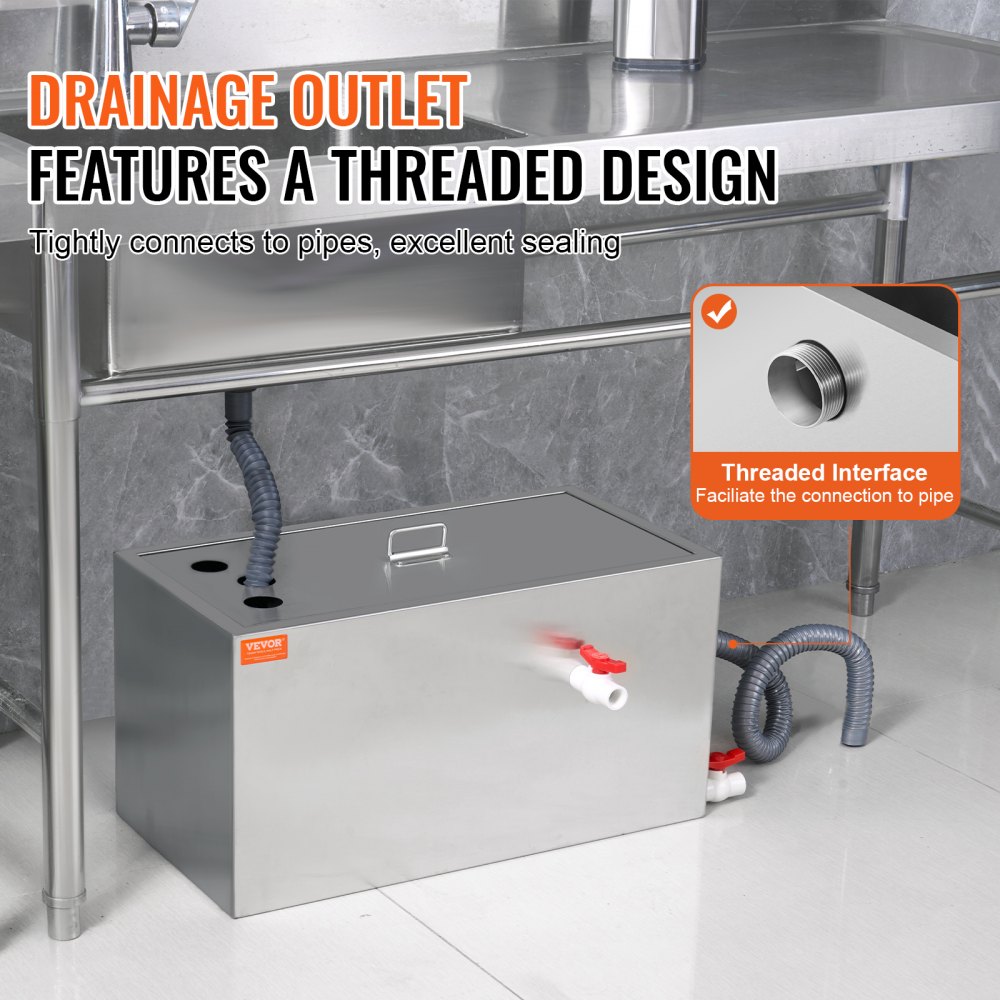 VEVOR Interceptor de Grasa Comercial Separador de Grasa 11kg Trampa de Grasa Entrada Superior Acero Inoxidable Debajo del Fregadero Separador de Agua y Aceite 6,4 GPM para Cocina, Cantina, Restaurante
