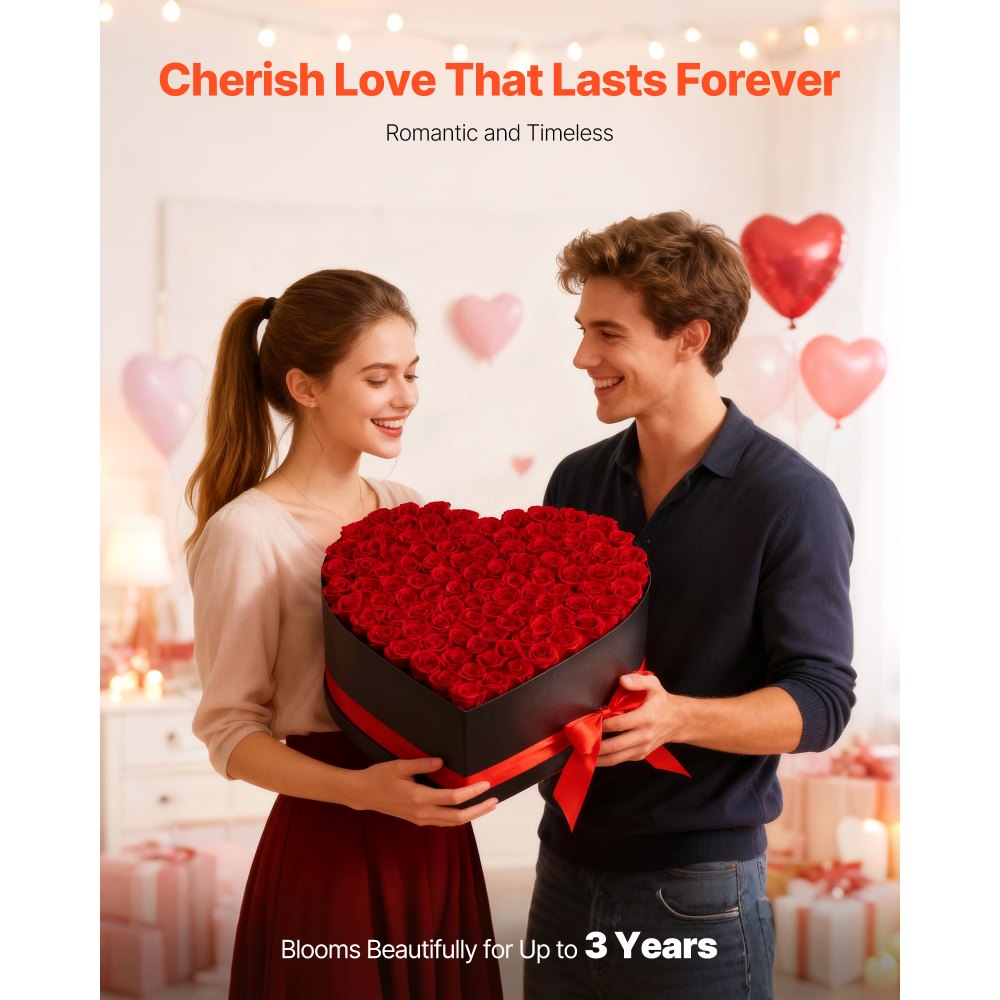 VEVOR 100 Rosas Eternas en Caja con Forma de Corazón, Ramo de Flores Preservadas, Caja de Regalo de Flores para tu Esposa, Madre, Pareja, para Boda, Día de la Madre, San Valentín, Navidad, Rojo