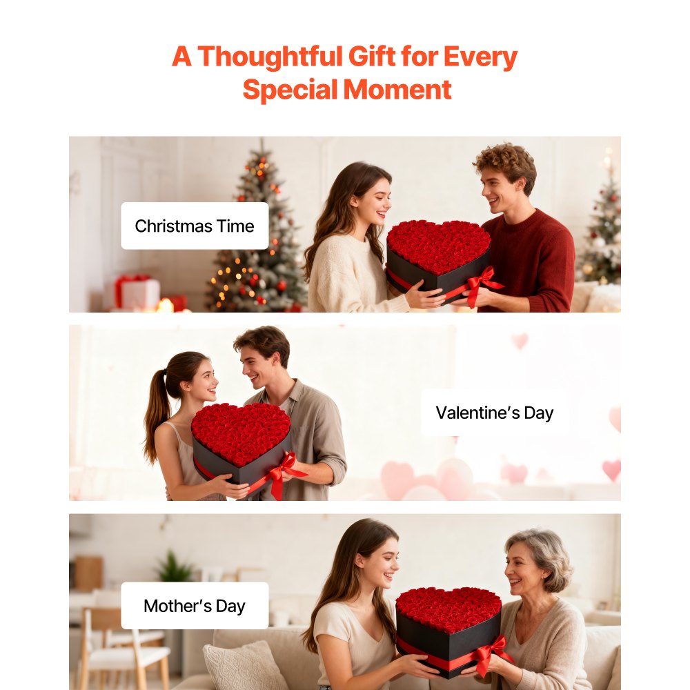 VEVOR 100 Rosas Eternas en Caja con Forma de Corazón, Ramo de Flores Preservadas, Caja de Regalo de Flores para tu Esposa, Madre, Pareja, para Boda, Día de la Madre, San Valentín, Navidad, Rojo