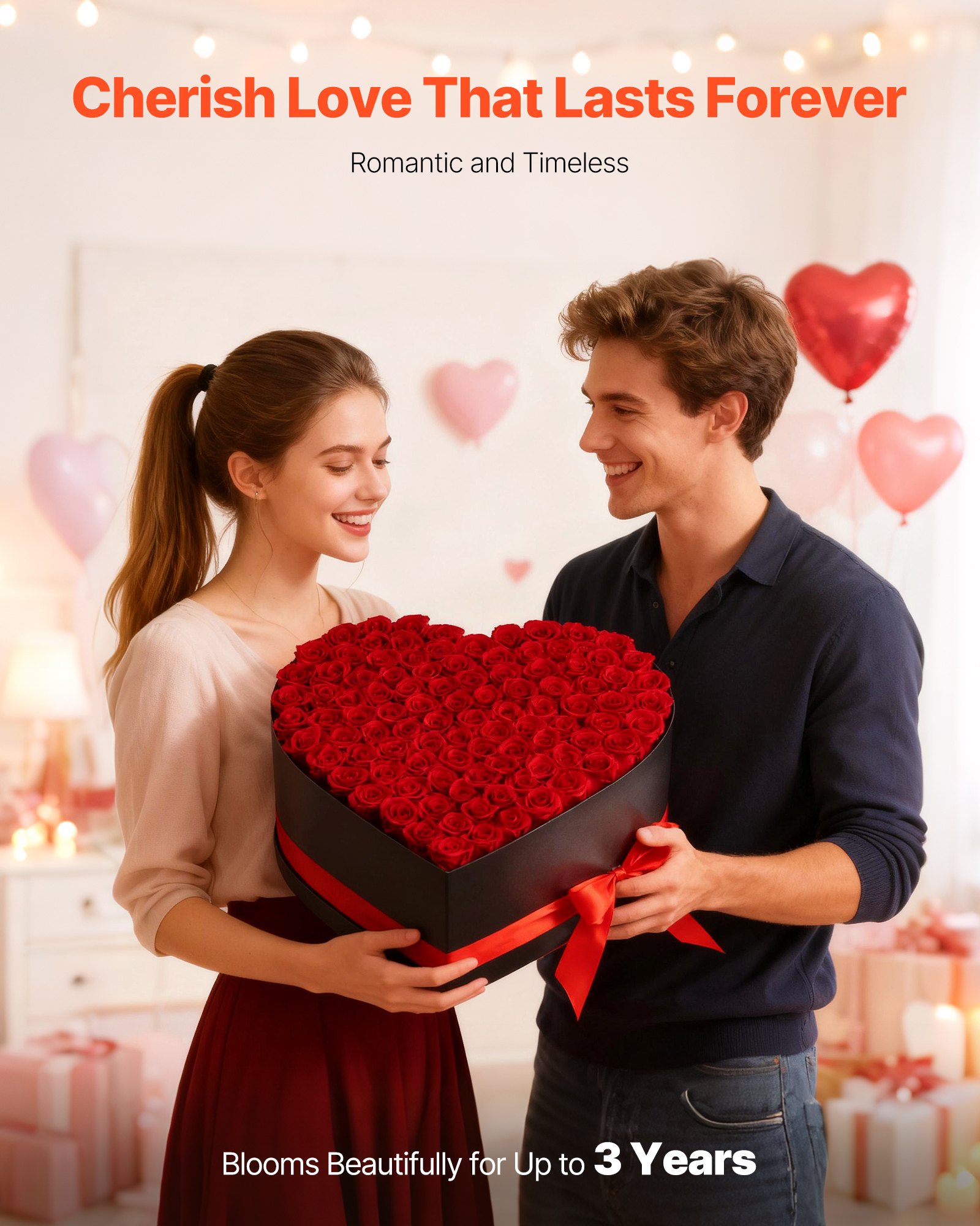 VEVOR 100 Rosas Eternas en Caja con Forma de Corazón, Ramo de Flores Preservadas, Caja de Regalo de Flores para tu Esposa, Madre, Pareja, para Boda, Día de la Madre, San Valentín, Navidad, Rojo