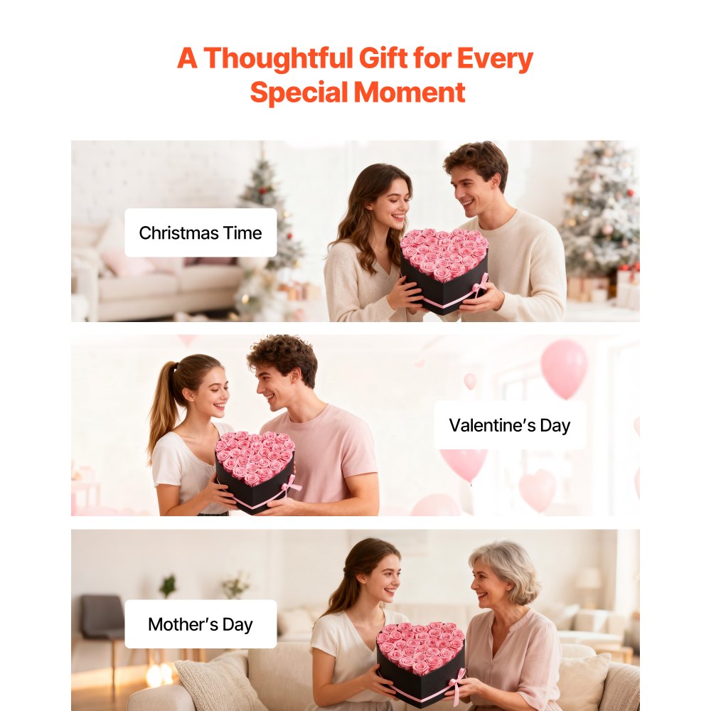 VEVOR 27 Rosas Eternas en Caja con Forma de Corazón, Ramo de Flores Preservadas, Caja de Regalo de Flores para Esposas, Madres, Amantes, para Bodas, Día de la Madre, San Valentín, Navidad, Rosa