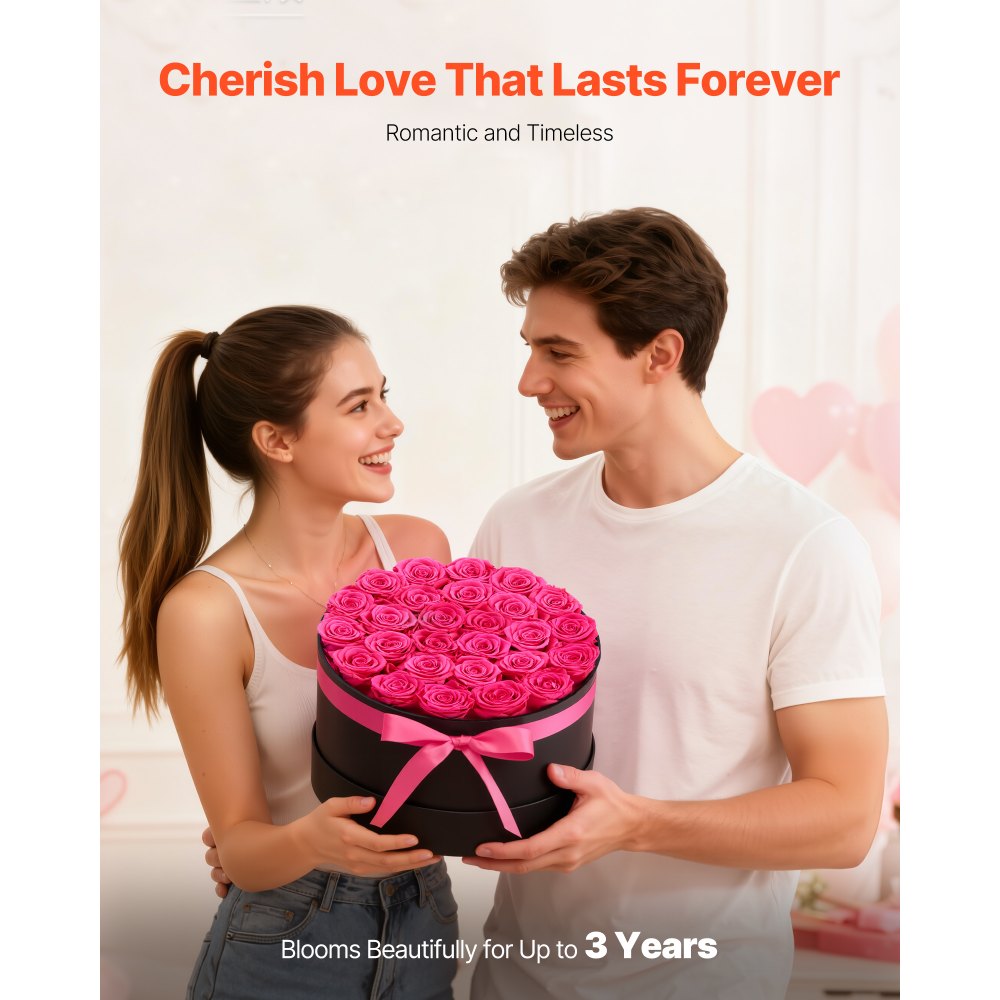 VEVOR 27 Rosas Eternas en Caja Redonda, Ramo de Flores Preservadas, Caja de Regalo de Flores para Esposa, Madre, Pareja, Boda, Día de la Madre, San Valentín, Navidad, Rosa Roja, 227 x 227 x 140 mm