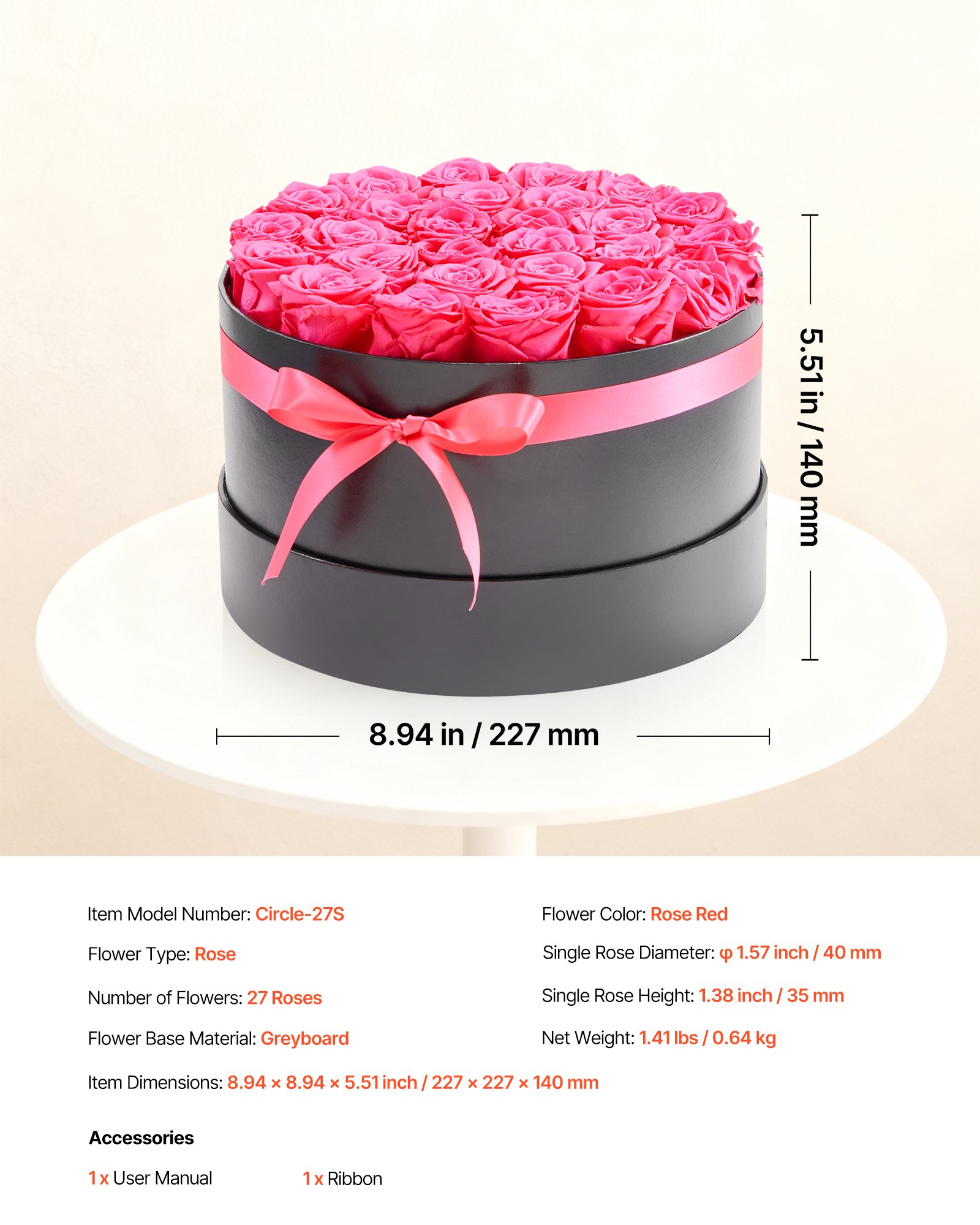 VEVOR 27 Rosas Eternas en Caja Redonda, Ramo de Flores Preservadas, Caja de Regalo de Flores para Esposa, Madre, Pareja, Boda, Día de la Madre, San Valentín, Navidad, Rosa Roja, 227 x 227 x 140 mm