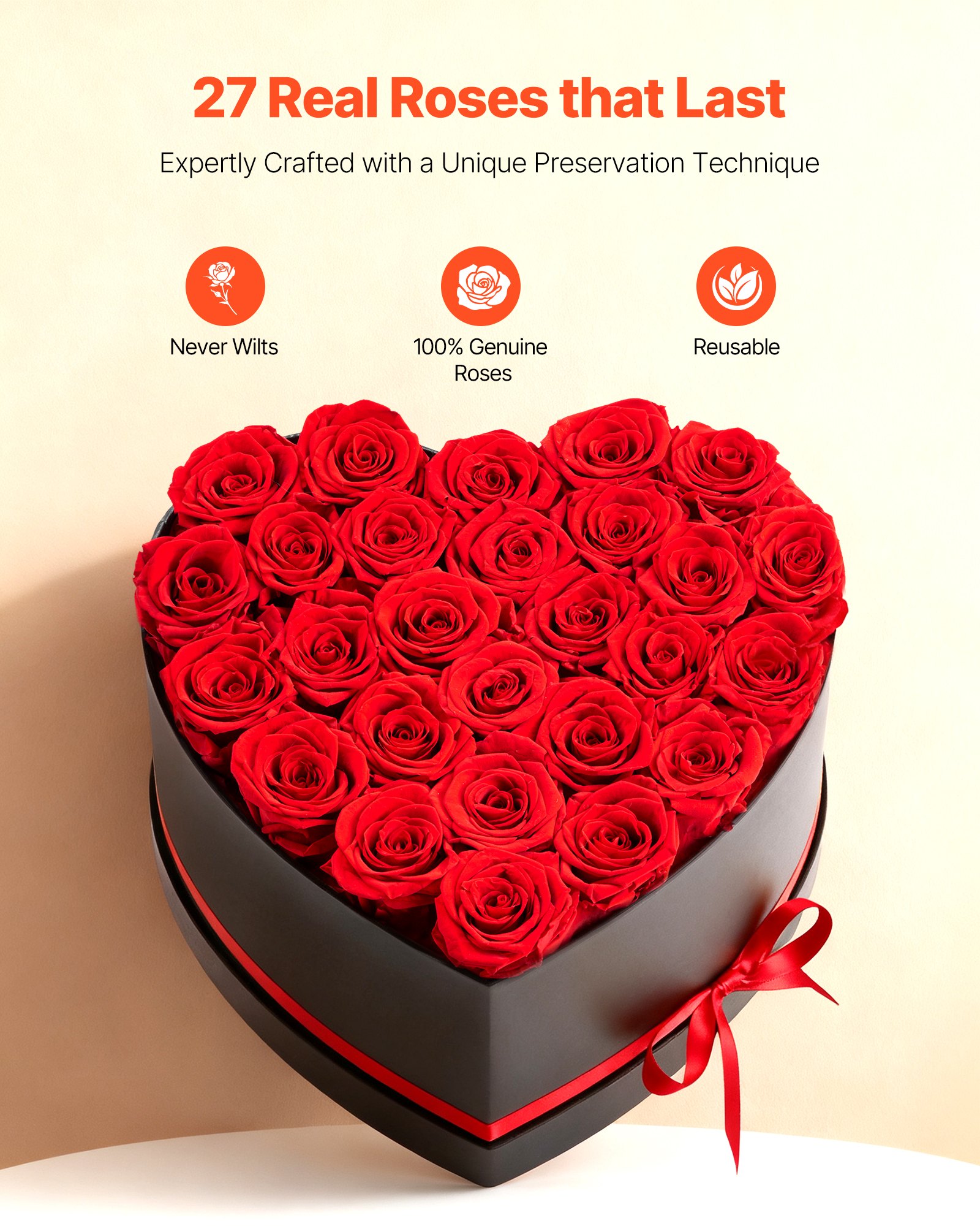 VEVOR 27 Rosas Eternas en Caja con Forma de Corazón, Ramo de Flores Preservadas, Caja de Regalo de Flores para tu Esposa, Madre, Pareja, para Boda, Día de la Madre, San Valentín, Navidad, Rojo