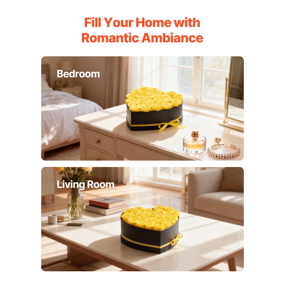 VEVOR 27 Rosas Eternas en Caja con Forma de Corazón, Ramo de Flores Preservadas, para tu Esposa, Madre, Pareja, para Boda, Día de la Madre, San Valentín, Navidad, Amarillo, 233 x 223 x 145 mm