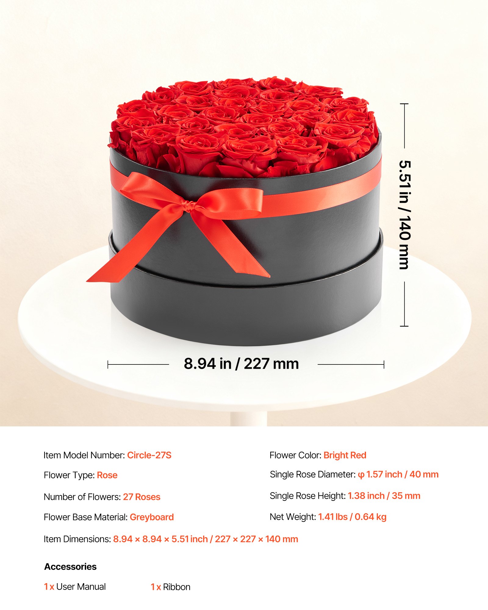 VEVOR 27 Rosas Eternas en Caja Redonda, Ramo de Flores Preservadas, Caja de Regalo de Flores para Esposa, Madre, Pareja, Boda, Día de la Madre, San Valentín, Navidad, Rojo, 227 x 227 x 140 mm