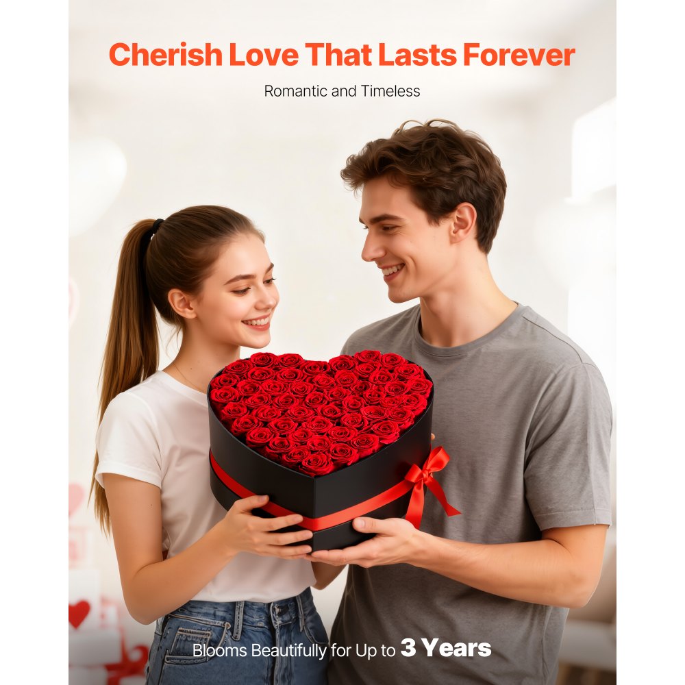 VEVOR 50 Rosas Eternas en Caja con Forma de Corazón, Ramo de Flores Preservadas, Caja de Regalo de Flores para tu Esposa, Madre, Pareja, para Boda, Día de la Madre, San Valentín, Navidad, Rojo