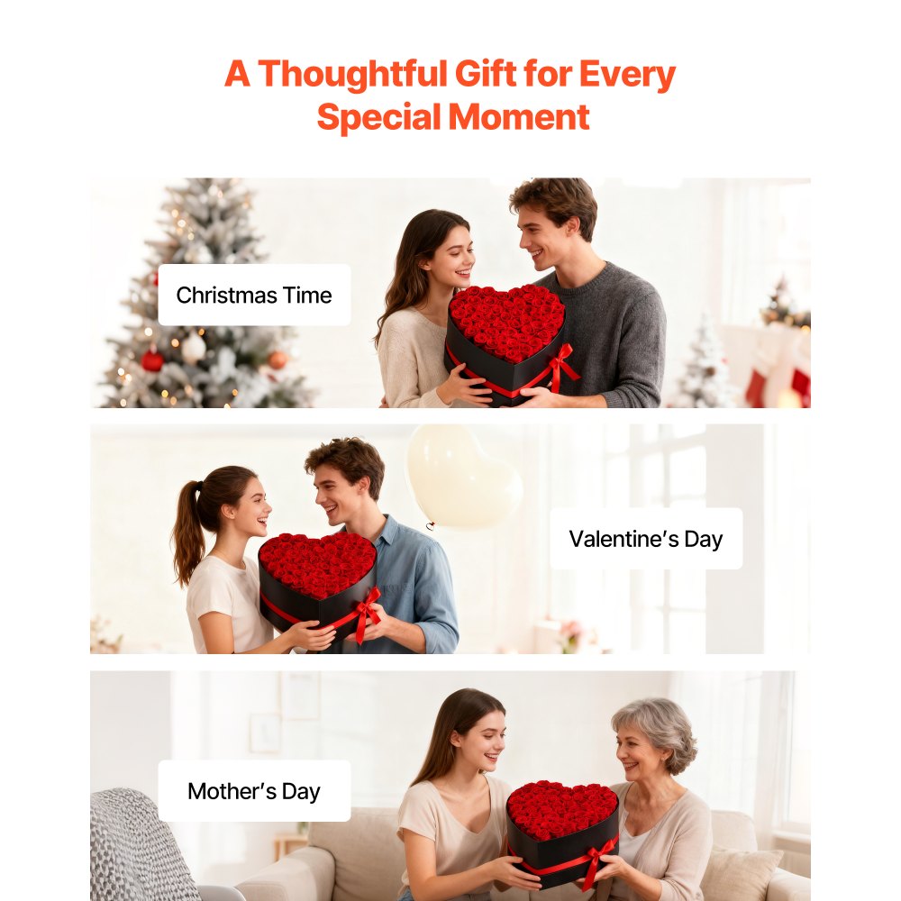 VEVOR 50 Rosas Eternas en Caja con Forma de Corazón, Ramo de Flores Preservadas, Caja de Regalo de Flores para tu Esposa, Madre, Pareja, para Boda, Día de la Madre, San Valentín, Navidad, Rojo