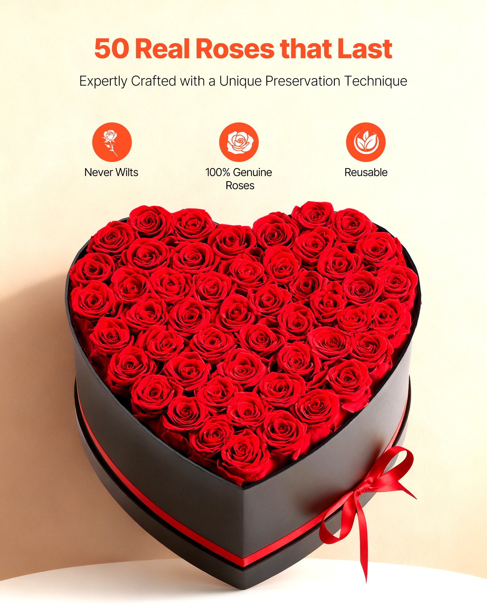 VEVOR 50 Rosas Eternas en Caja con Forma de Corazón, Ramo de Flores Preservadas, Caja de Regalo de Flores para tu Esposa, Madre, Pareja, para Boda, Día de la Madre, San Valentín, Navidad, Rojo