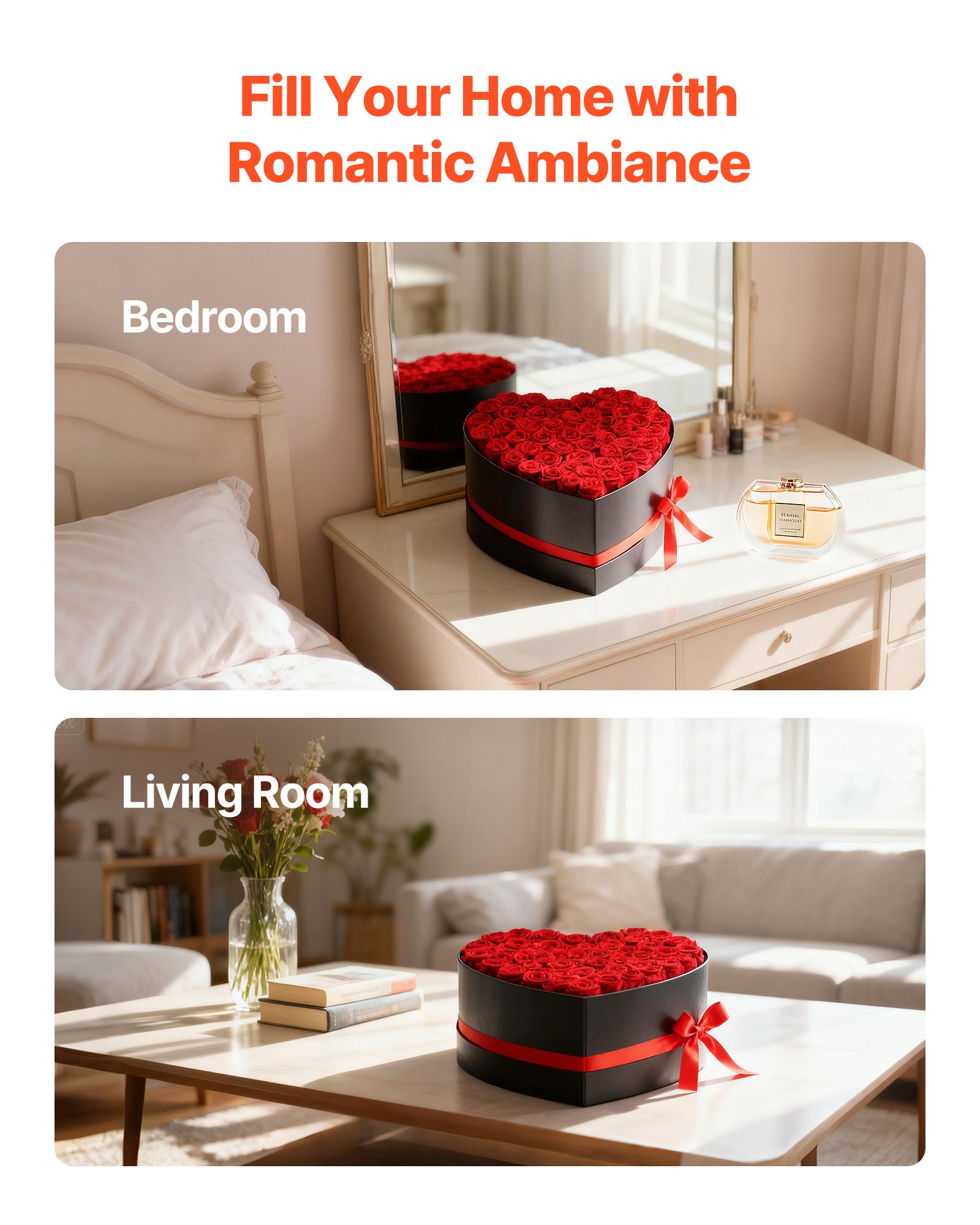 VEVOR 50 Rosas Eternas en Caja con Forma de Corazón, Ramo de Flores Preservadas, Caja de Regalo de Flores para tu Esposa, Madre, Pareja, para Boda, Día de la Madre, San Valentín, Navidad, Rojo