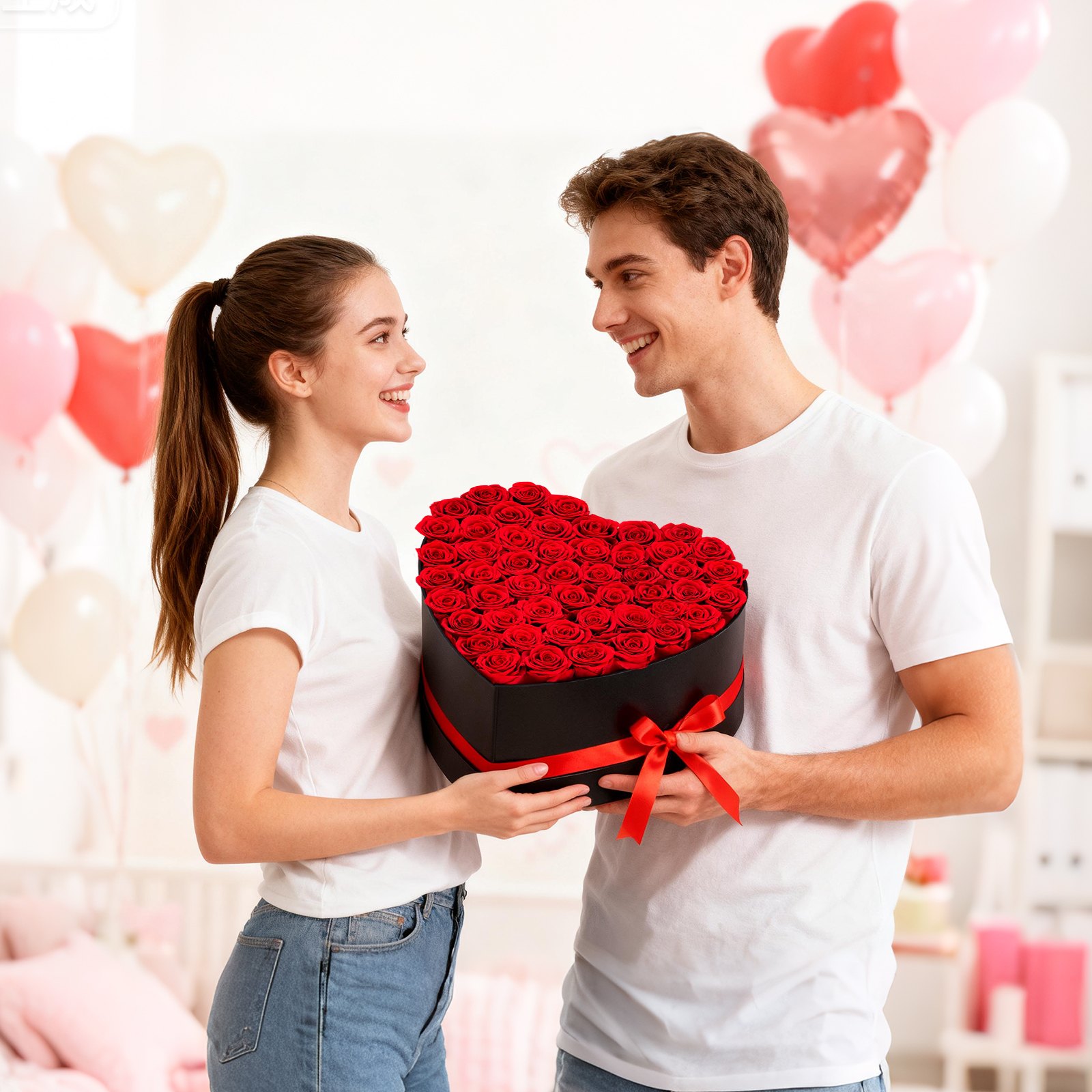 VEVOR 50 Rosas Eternas en Caja con Forma de Corazón, Ramo de Flores Preservadas, Caja de Regalo de Flores para tu Esposa, Madre, Pareja, para Boda, Día de la Madre, San Valentín, Navidad, Rojo