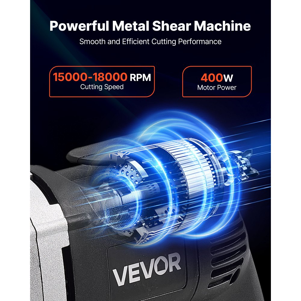VEVOR Tijeras Eléctricas para Chapa Metálica, con Cable de 4.0 A, Cabezal Giratorio de 360°, Velocidad Variable, Corte Continuo y Limpio para Acero Galvanizado 1,22 mm y Acero Inoxidable 1 mm
