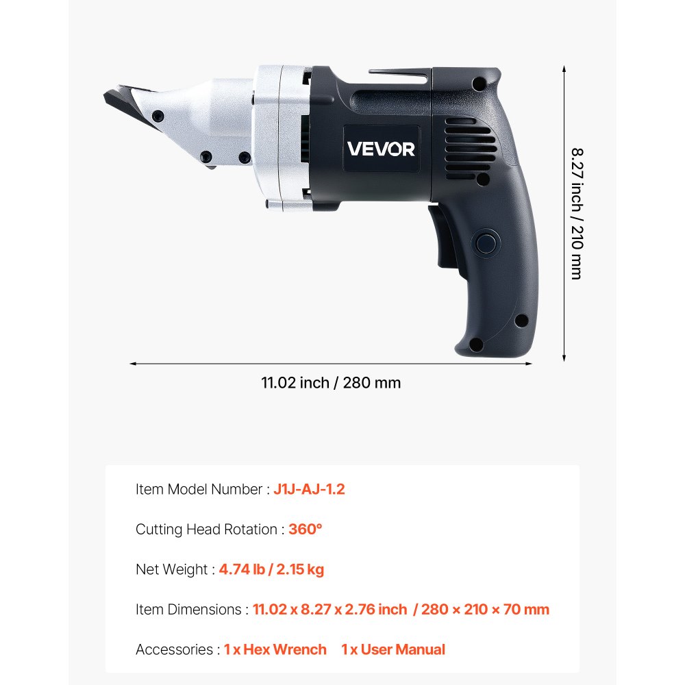 VEVOR Tijeras Eléctricas para Chapa Metálica, con Cable de 4.0 A, Cabezal Giratorio de 360°, Velocidad Variable, Corte Continuo y Limpio para Acero Galvanizado 1,22 mm y Acero Inoxidable 1 mm