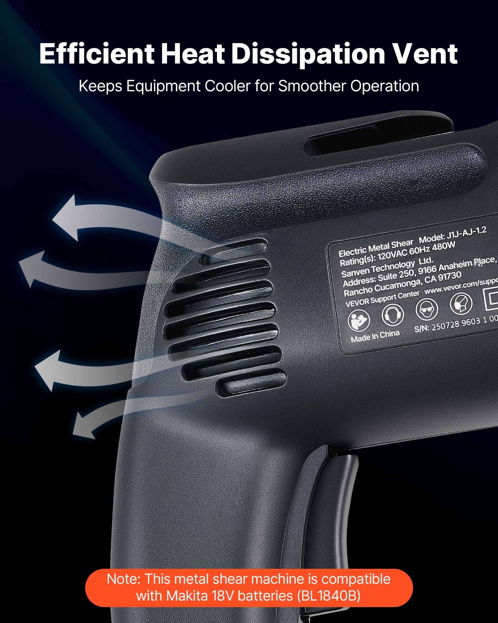 VEVOR Tijeras Eléctricas para Chapa Metálica, con Cable de 4.0 A, Cabezal Giratorio de 360°, Velocidad Variable, Corte Continuo y Limpio para Acero Galvanizado 1,22 mm y Acero Inoxidable 1 mm