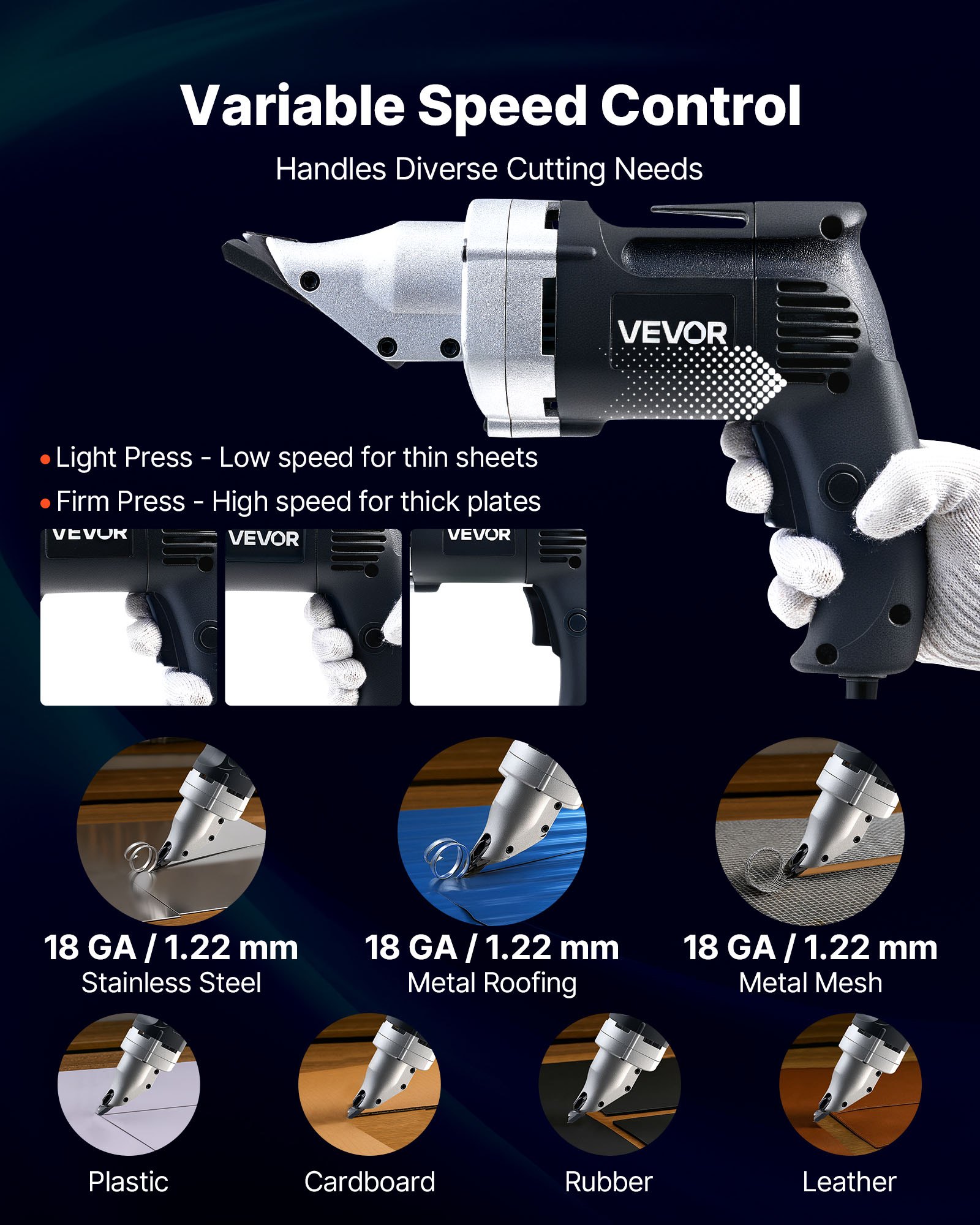 VEVOR Tijeras Eléctricas para Chapa Metálica, con Cable de 4.0 A, Cabezal Giratorio de 360°, Velocidad Variable, Corte Continuo y Limpio para Acero Galvanizado 1,22 mm y Acero Inoxidable 1 mm