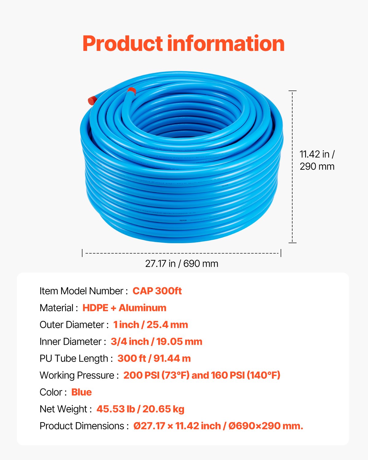 Kit de línea de compresor de aire VEVOR de 3/4'' x 300 pies, sistema de tuberías de aire de HDPE/aluminio, color azul