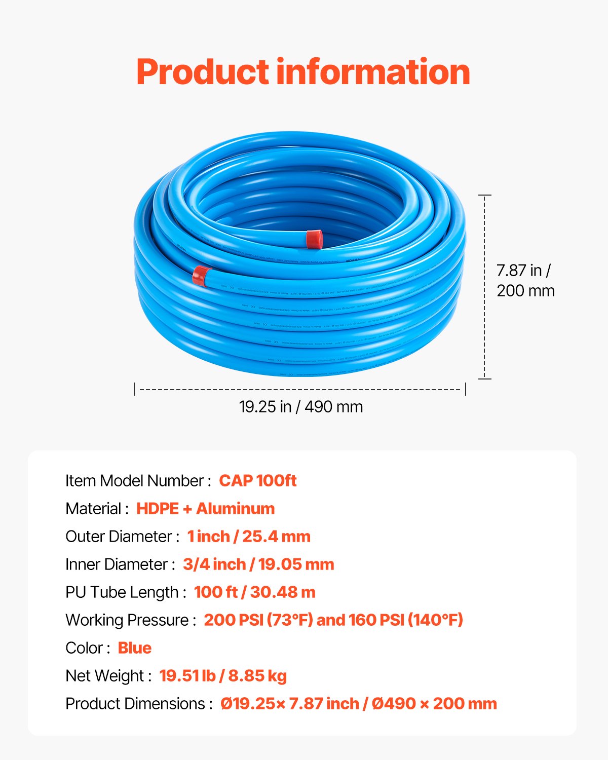 VEVOR Kit de Línea de Compresor de Aire, Sistema de Tuberías de Aire Comprimido Aluminio HDPE, a Prueba Fugas, Resistente a la Presión y Fácil Instalar, para Talleres de Garajes, Azul, Ø 475 x 200 mm