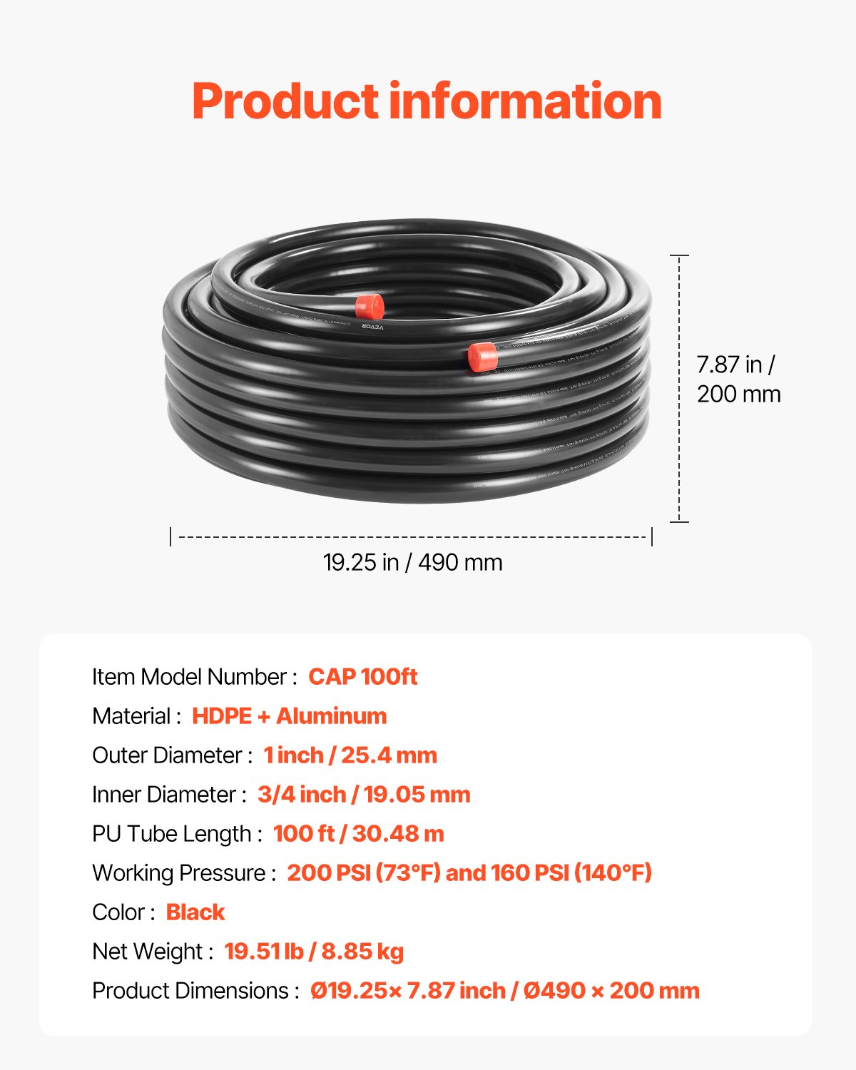 VEVOR Kit de Línea de Compresor de Aire, Sistema de Tuberías de Aire Comprimido Aluminio HDPE, a Prueba Fugas, Resistente a la Presión y Fácil de Instalar, para Talleres Garajes, Negro, Ø 475 x 200 mm