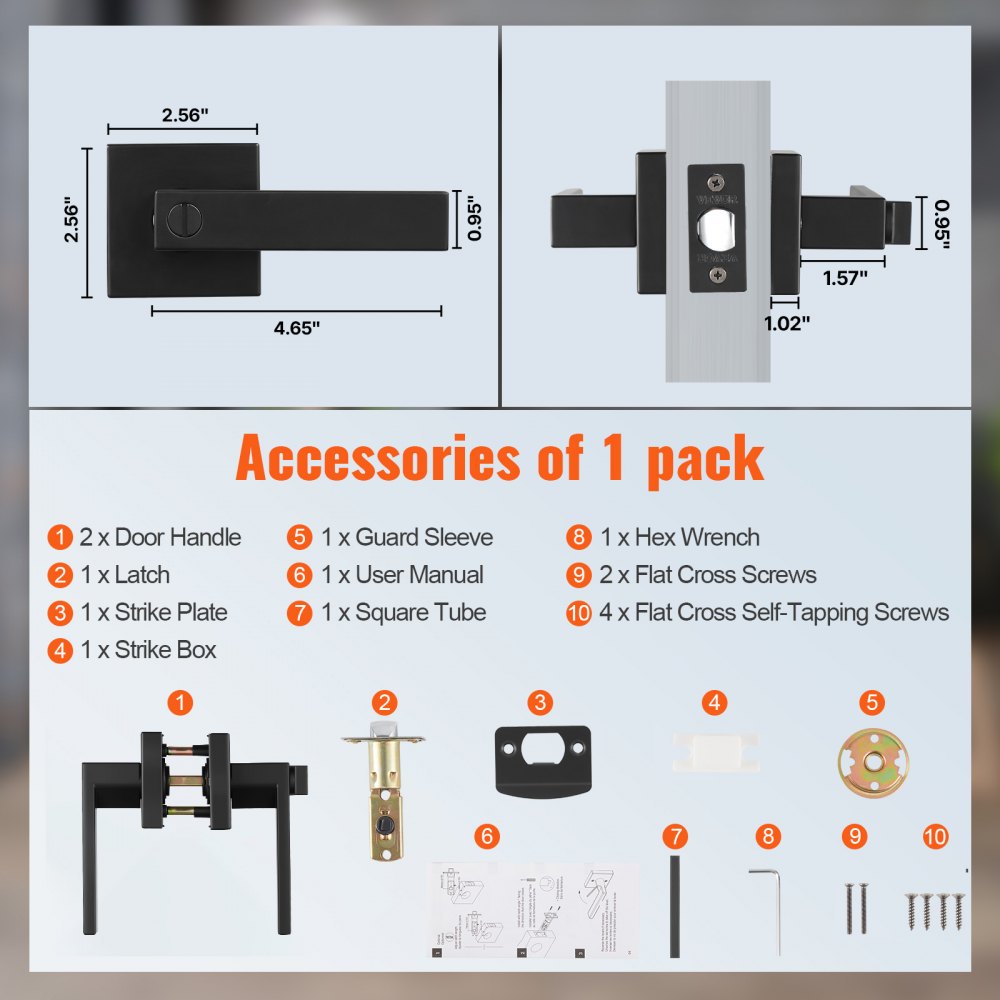 VEVOR 1 PCS Manija de Puerta de Privacidad, Manija Reversible para Zurdos o Diestros con Cerradura sin Llave, Rotación de 45° para Abrir, Interior Cuadrado Universal para Puertas de Baño, Negra Mate