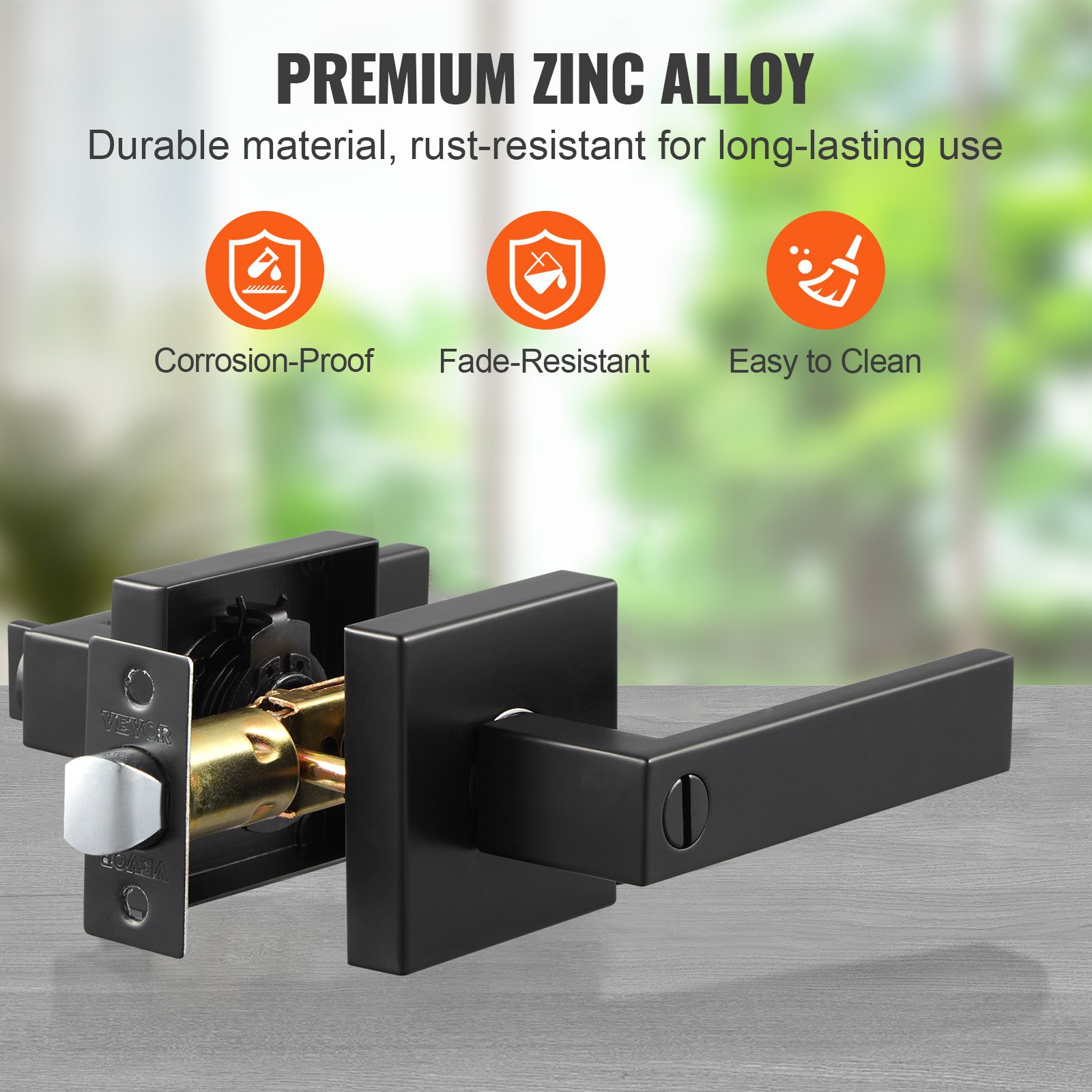 VEVOR 1 PCS Manija de Puerta de Privacidad, Manija Reversible para Zurdos o Diestros con Cerradura sin Llave, Rotación de 45° para Abrir, Interior Cuadrado Universal para Puertas de Baño, Negra Mate