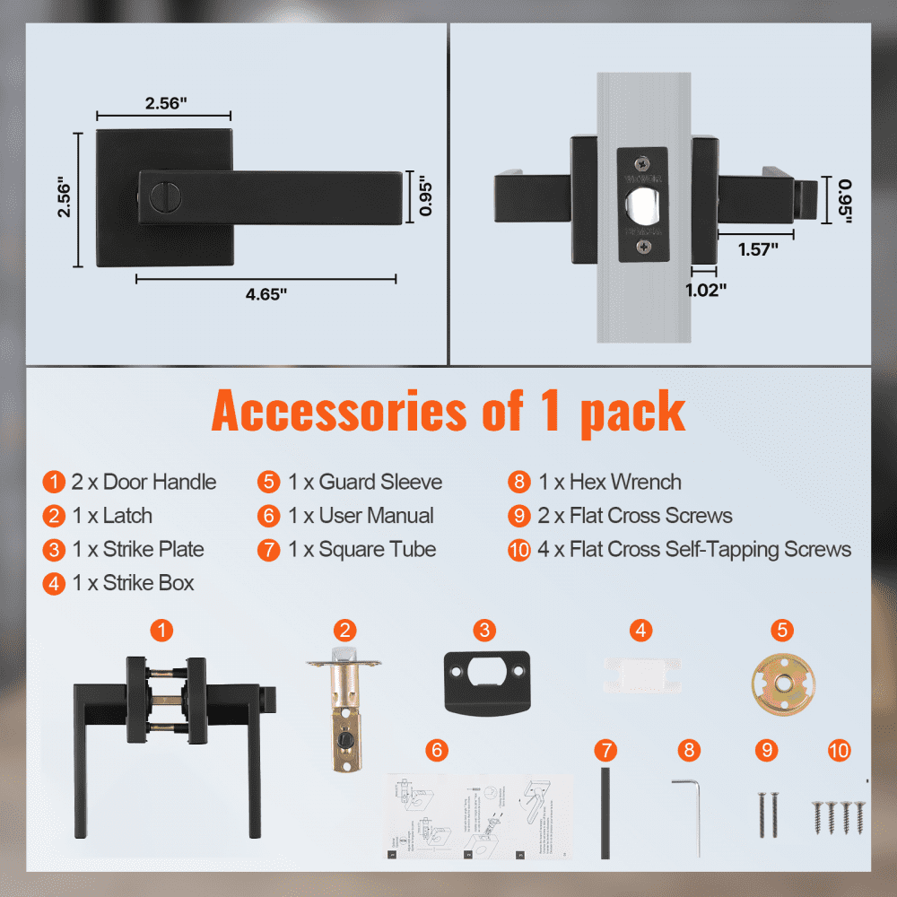 VEVOR 5 PCS Manija de Puerta de Privacidad, Manija Reversible para Zurdos o Diestros con Cerradura sin Llave, Rotación de 45° para Abrir, Interior Cuadrado Universal para Puertas de Baño, Negra Mate