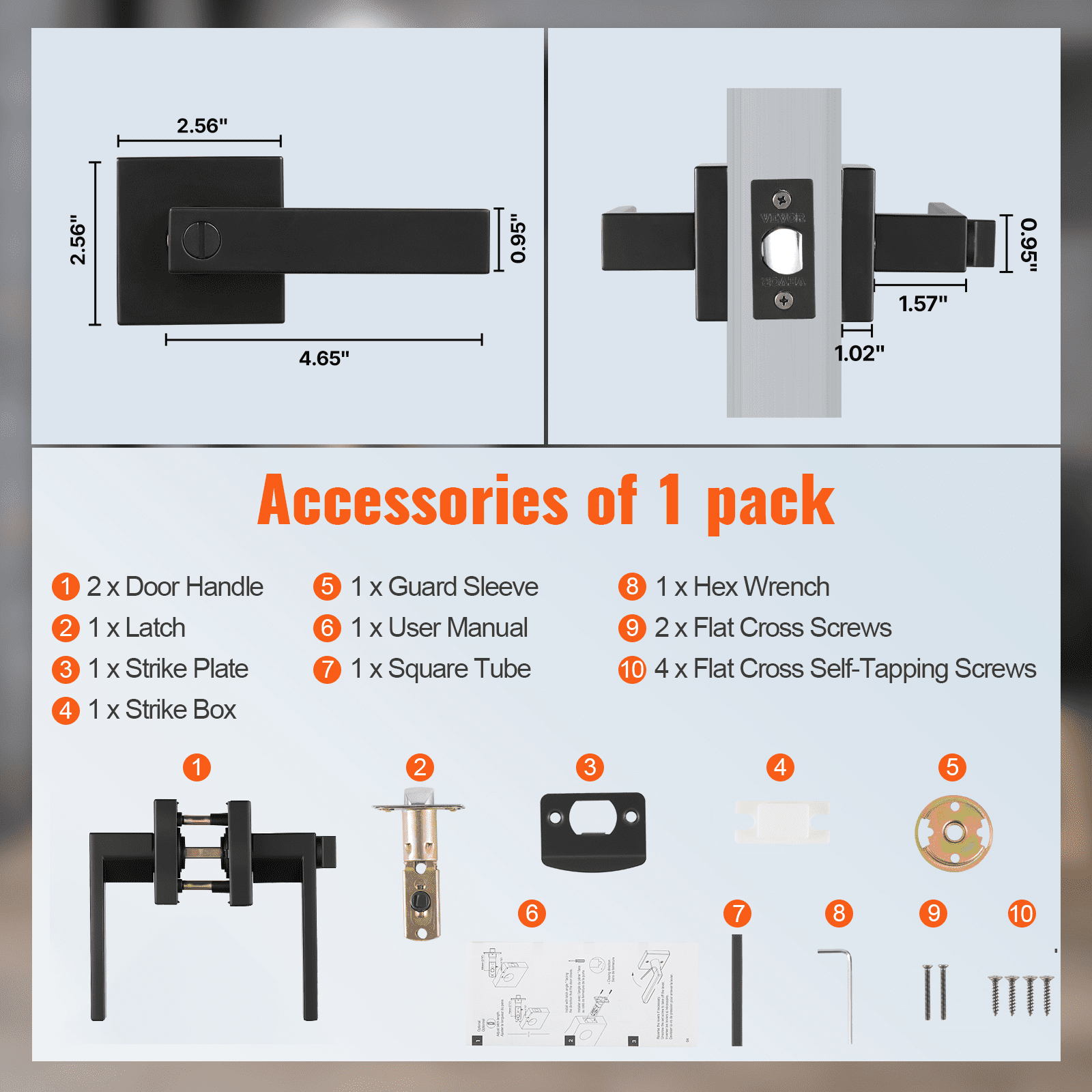 VEVOR 5 PCS Manija de Puerta de Privacidad, Manija Reversible para Zurdos o Diestros con Cerradura sin Llave, Rotación de 45° para Abrir, Interior Cuadrado Universal para Puertas de Baño, Negra Mate