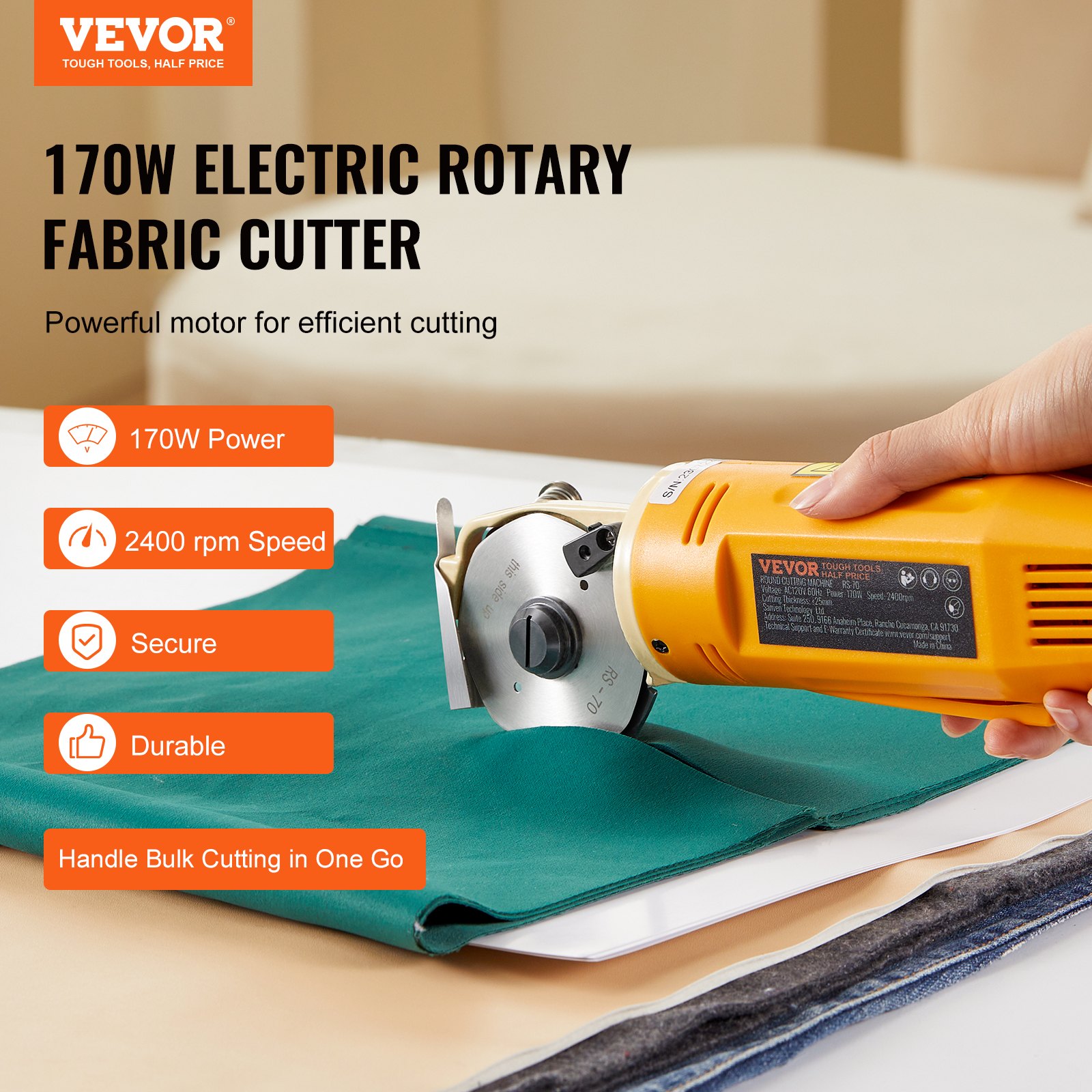 VEVOR Cortador de Tela Eléctrico 170 W Tijera de Costura Rotativo Eléctrico Grosor de Corte 25mm Cortador Eléctrico con Hoja Octogonal 70mm 1 Cuchilla de Repuesto Piedra de Afilar para Cortar Textiles