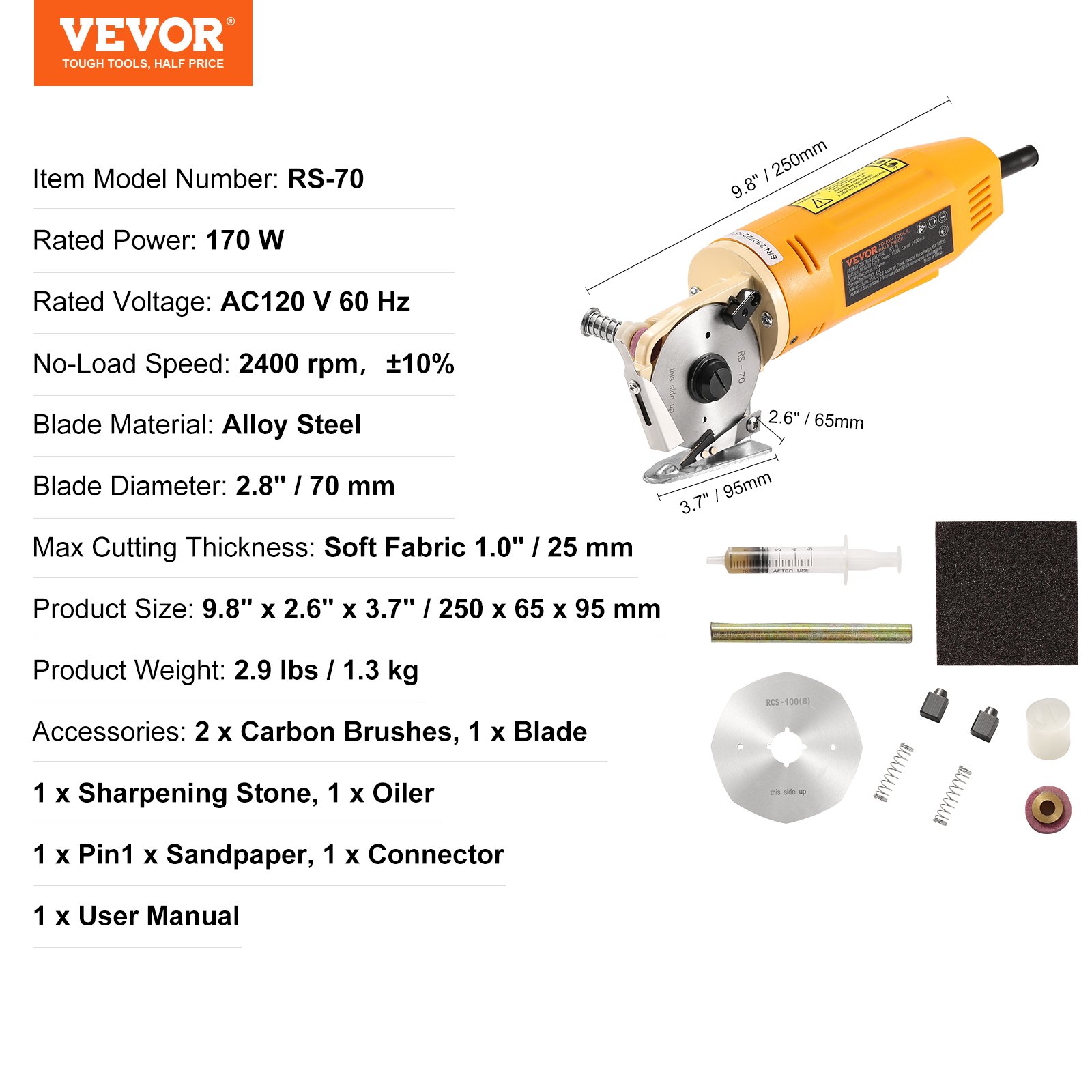 VEVOR Cortador de Tela Eléctrico 170 W Tijera de Costura Rotativo Eléctrico Grosor de Corte 25mm Cortador Eléctrico con Hoja Octogonal 70mm 1 Cuchilla de Repuesto Piedra de Afilar para Cortar Textiles