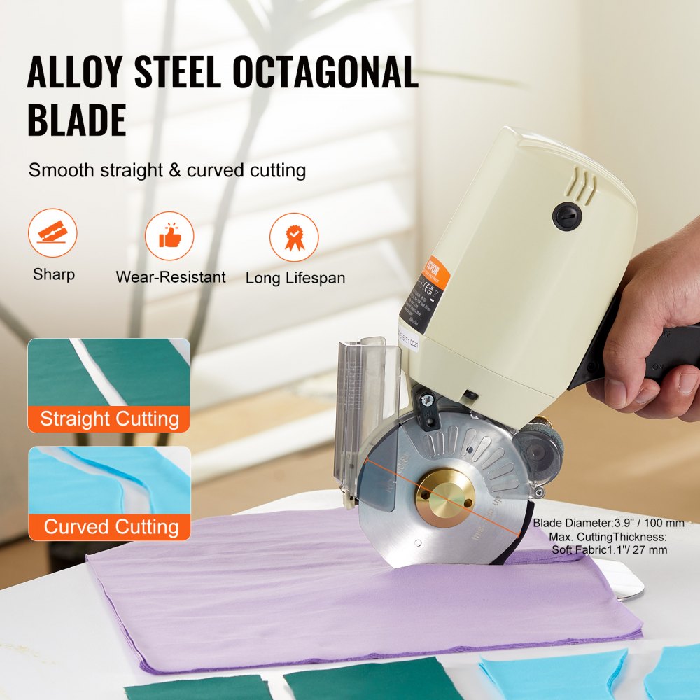 VEVOR Cortador de Tela Eléctrico 250W Tijera de Costura Rotativo Eléctrico Grosor de Corte 27mm Cortador Eléctrico con Hoja Octogonal 100mm 1 Cuchilla de Repuesto Piedra de Afilar para Cortar Textiles