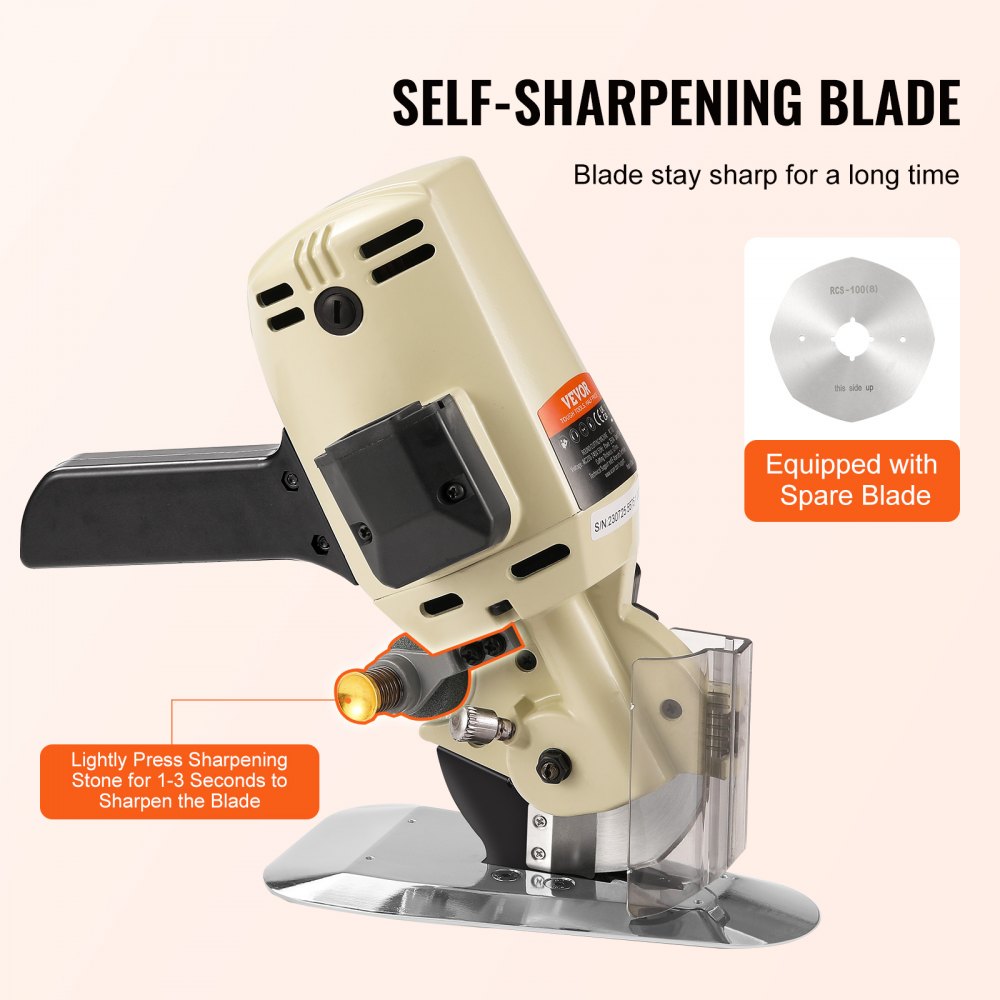 VEVOR Cortador de Tela Eléctrico 250W Tijera de Costura Rotativo Eléctrico Grosor de Corte 27mm Cortador Eléctrico con Hoja Octogonal 100mm 1 Cuchilla de Repuesto Piedra de Afilar para Cortar Textiles