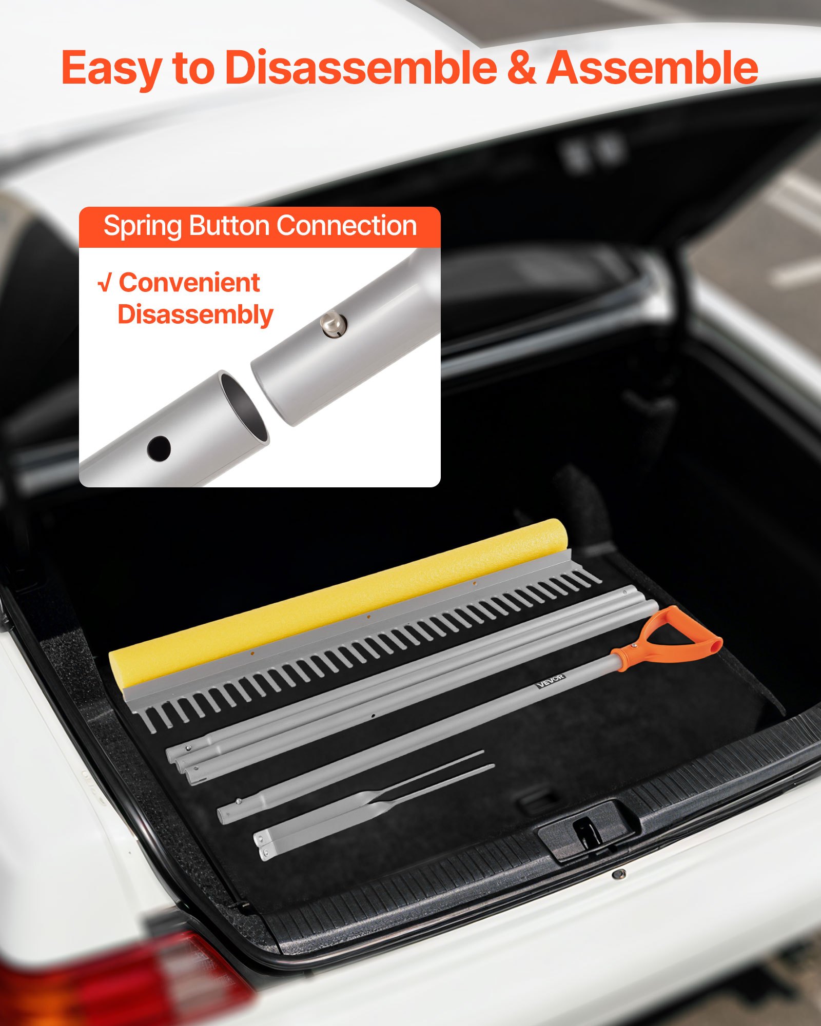 VEVOR Rastrillo de Aluminio, Cabezal 914 mm, Mango 2590 mm, Herramienta Grande para Jardinería, Aflojamiento de Tierra, Jardinería, Grava de Estanques y Cuidado del Césped de Playa, 34 Dientes