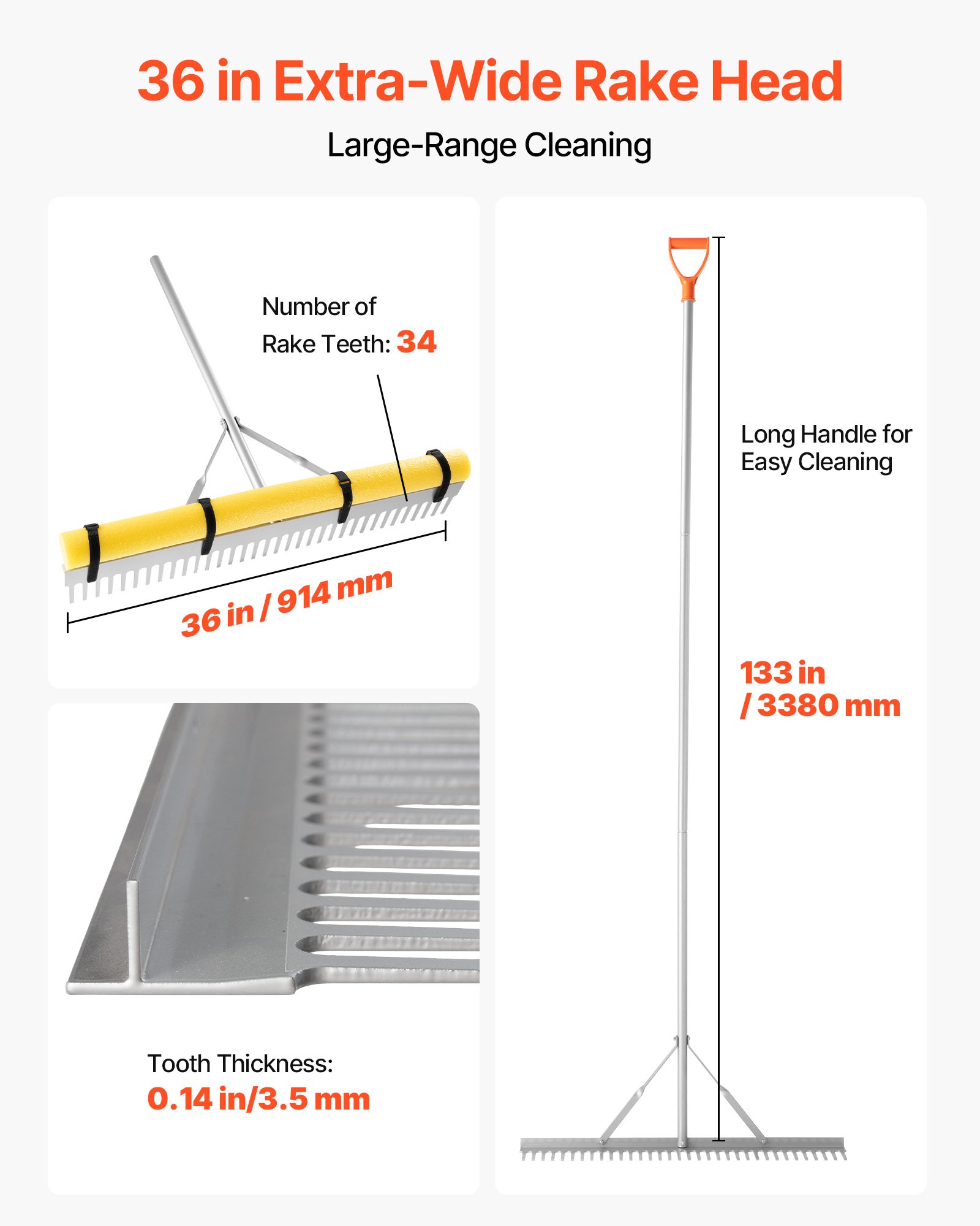 VEVOR Rastrillo de Aluminio, Cabezal 914 mm, Mango 2590 mm, Herramienta Grande para Jardinería, Aflojamiento de Tierra, Jardinería, Grava de Estanques y Cuidado del Césped de Playa, 34 Dientes