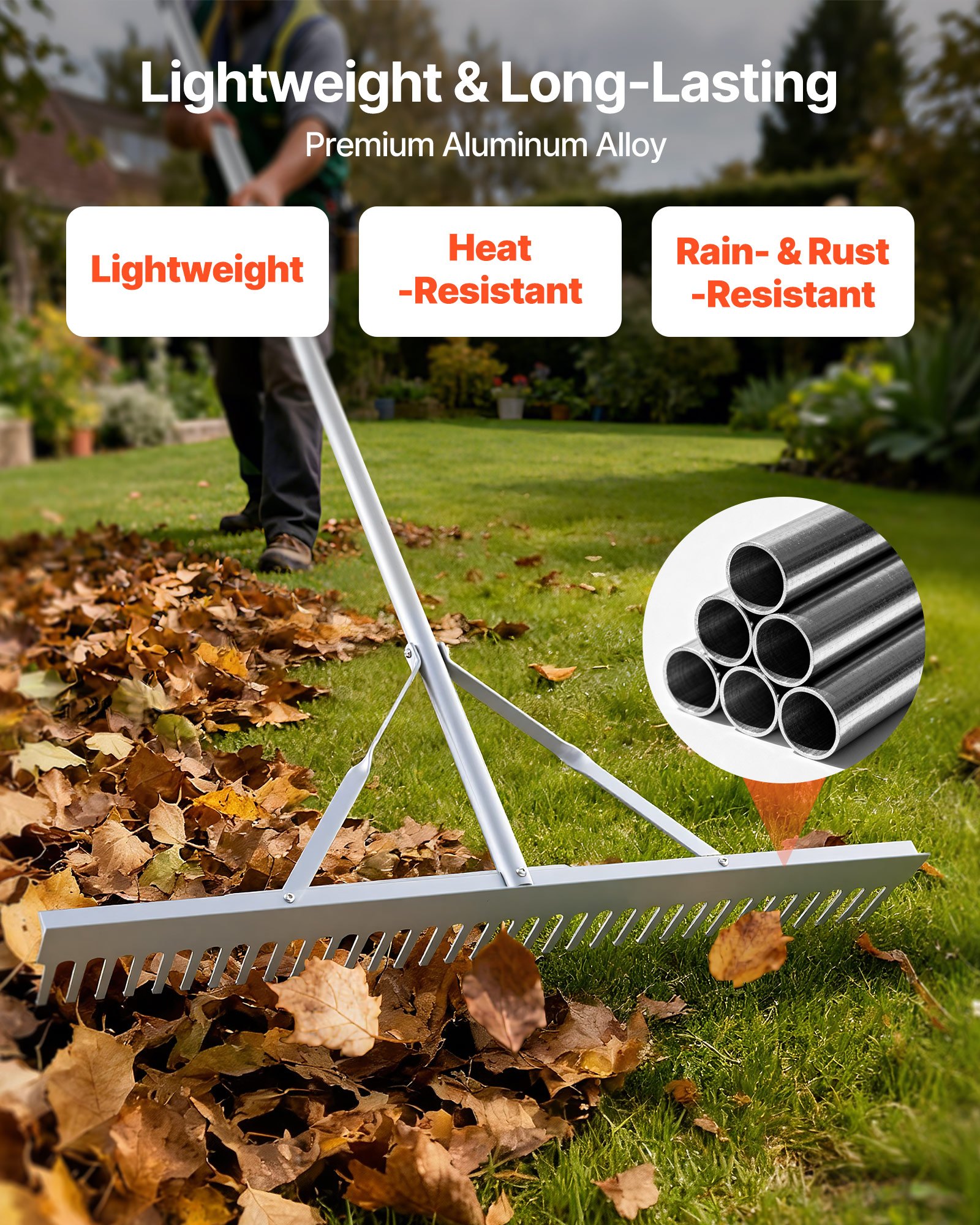 VEVOR Rastrillo de Aluminio, Cabezal 914 mm, Mango 2590 mm, Herramienta Grande para Jardinería, Aflojamiento de Tierra, Jardinería, Grava de Estanques y Cuidado del Césped de Playa, 34 Dientes