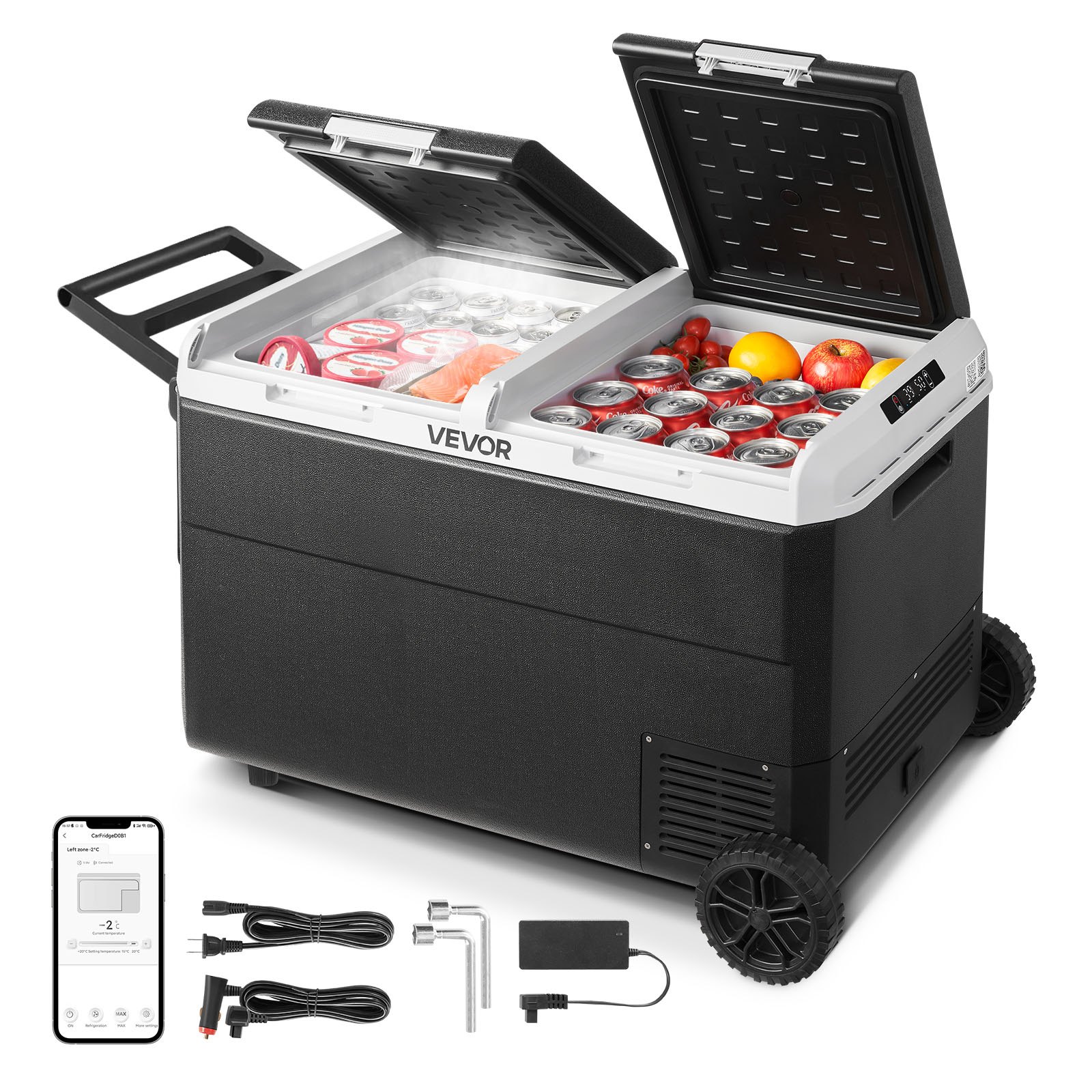 VEVOR Nevera Portátil para Coche 12/24 V CC 100-240 V CA con Compresor, Control de Temperatura de -20 °C a 20 °C, Doble Zona, 95 L para Autocaravanas, Camping, Barcos, Pesca, Viajes, Exteriores