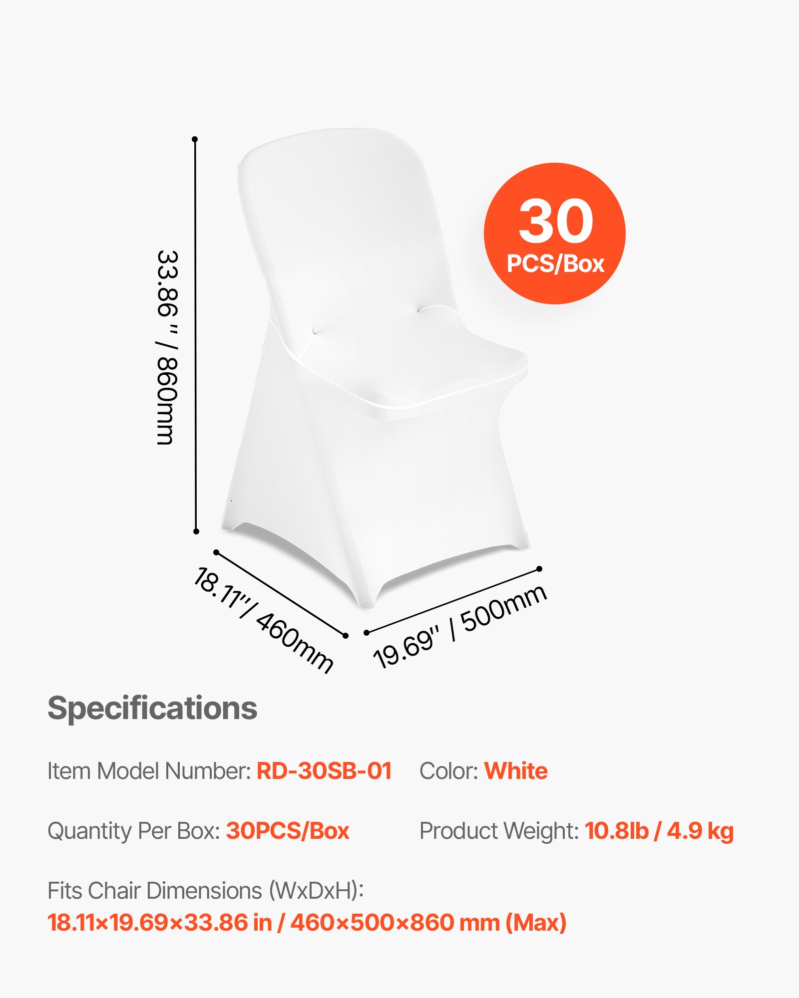 VEVOR Fundas Sillas de Comedor 30 Piezas, Funda para Sillones Elástica de Poliéster y Elastano, para Sillas de Hasta 46 x 50 x 86 cm, Tela Suave y Transpirable, para Boda, Fiestas, Banquetes, Blanco