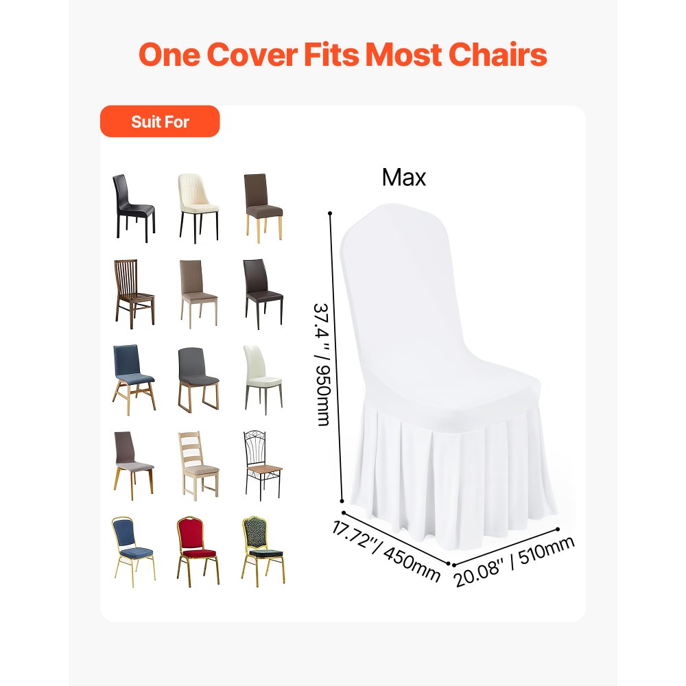 VEVOR Fundas Sillas de Comedor 30 Piezas, Funda para Sillones Elástica de Poliéster y Elastano, para Sillas de Hasta 51 x 45 x 95 cm, Diseño de Falda, Tela Suave, para Fiestas, Banquetes, Blanco
